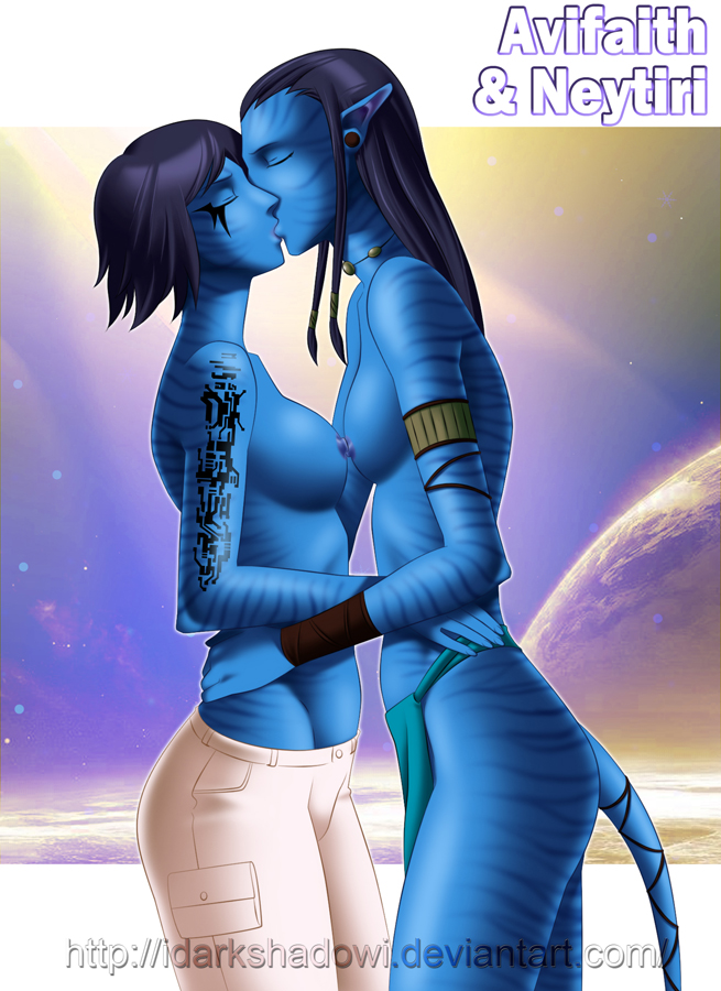 2girls alien alien_girl alien_humanoid alien_only avatar black_hair blue_skin blue_tail breasts casual_topless closed_eyes cosmic_background crossover deviantart faith_connors female female_only kissing lesbian_kiss long_black_hair long_hair long_hair_female medium_breasts mirror's_edge multiple_girls na'vi neytiri no_bra no_shirt nude planet short_black_hair short_hair_female three-quarter_portrait topless uncensored uncensored_breasts yuri