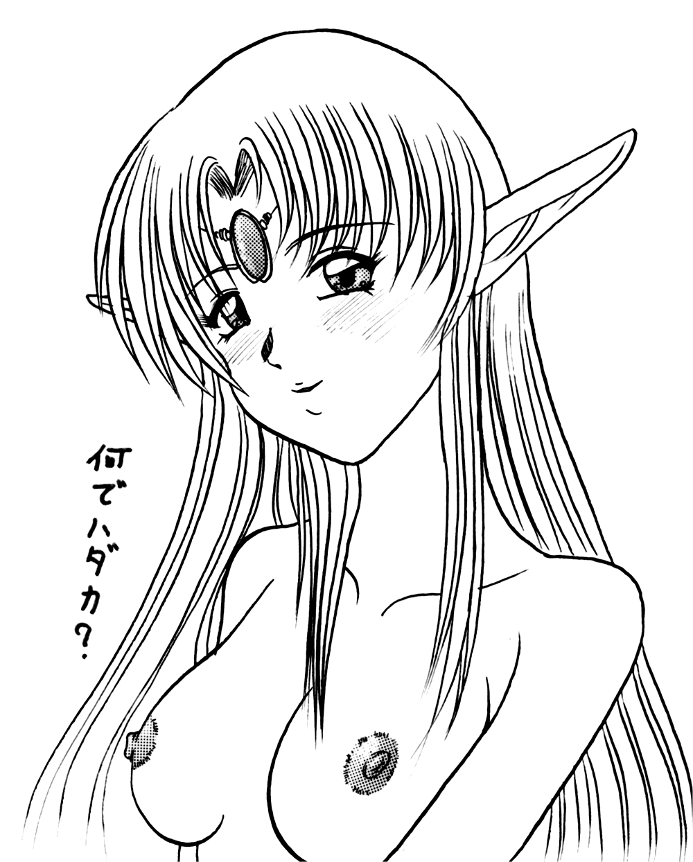 breasts bust_portrait dungeons_and_dragons elf elf_(d&d) female female_only long_ears lucia monochrome nipples nude pointy_ears solo straight_hair tagme