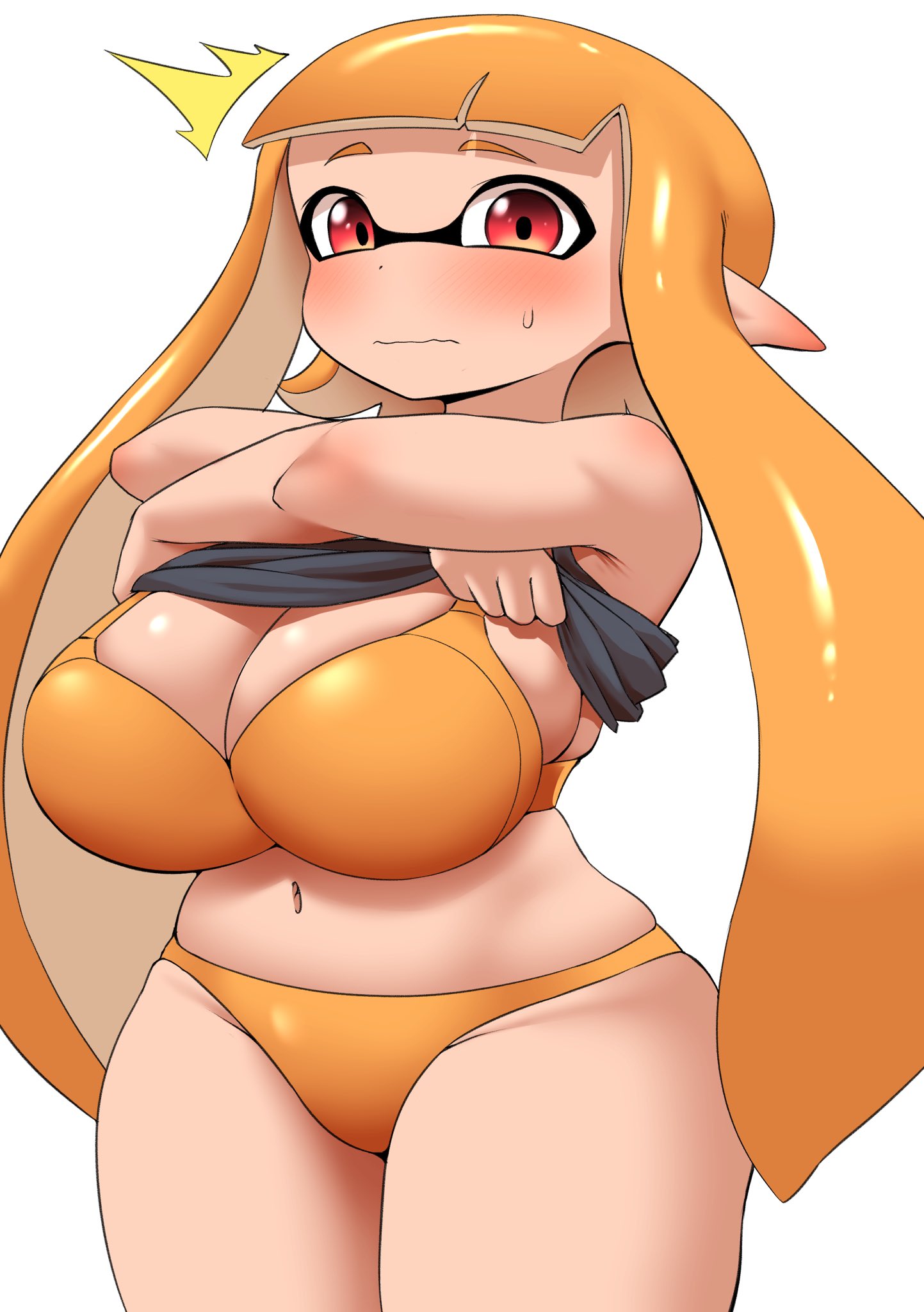 1girls, alternate breast size, bra, breasts, chubby, embarrassed, female, inkling, inkling girl, kaori (splatoon), large breasts, lifted by self, light skin, light-skinned female, long hair, nintendo, nobunagapero, orange bra, orange hair, orange panties, panties, peronattu, red eyes, shirt lift, splatoon, splatoon (series), tentacle hair, underwear, undressing, white background