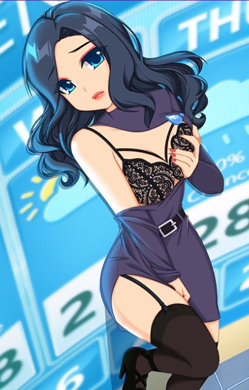 1girls black_bra blue_eyes bra crush_crush dark_hair embarrassed embarrassed_female female female_focus game_cg high_heels light-skinned_female sad_panda_studios sofia_(crush_crush) squishing_breasts