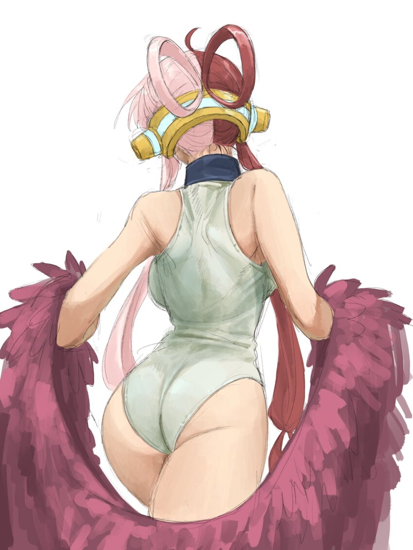 1girls, ass, bare shoulders, breasts, female, female only, from behind, headphones, highres, holding, large breasts, leotard, long hair, multicolored hair, one piece, one piece film red, red hair, red-haired female, shiny skin, simple background, solo, thick thighs, thighs, two-tone hair, urasanmyaku, uta (one piece), white background, white hair, white-haired female