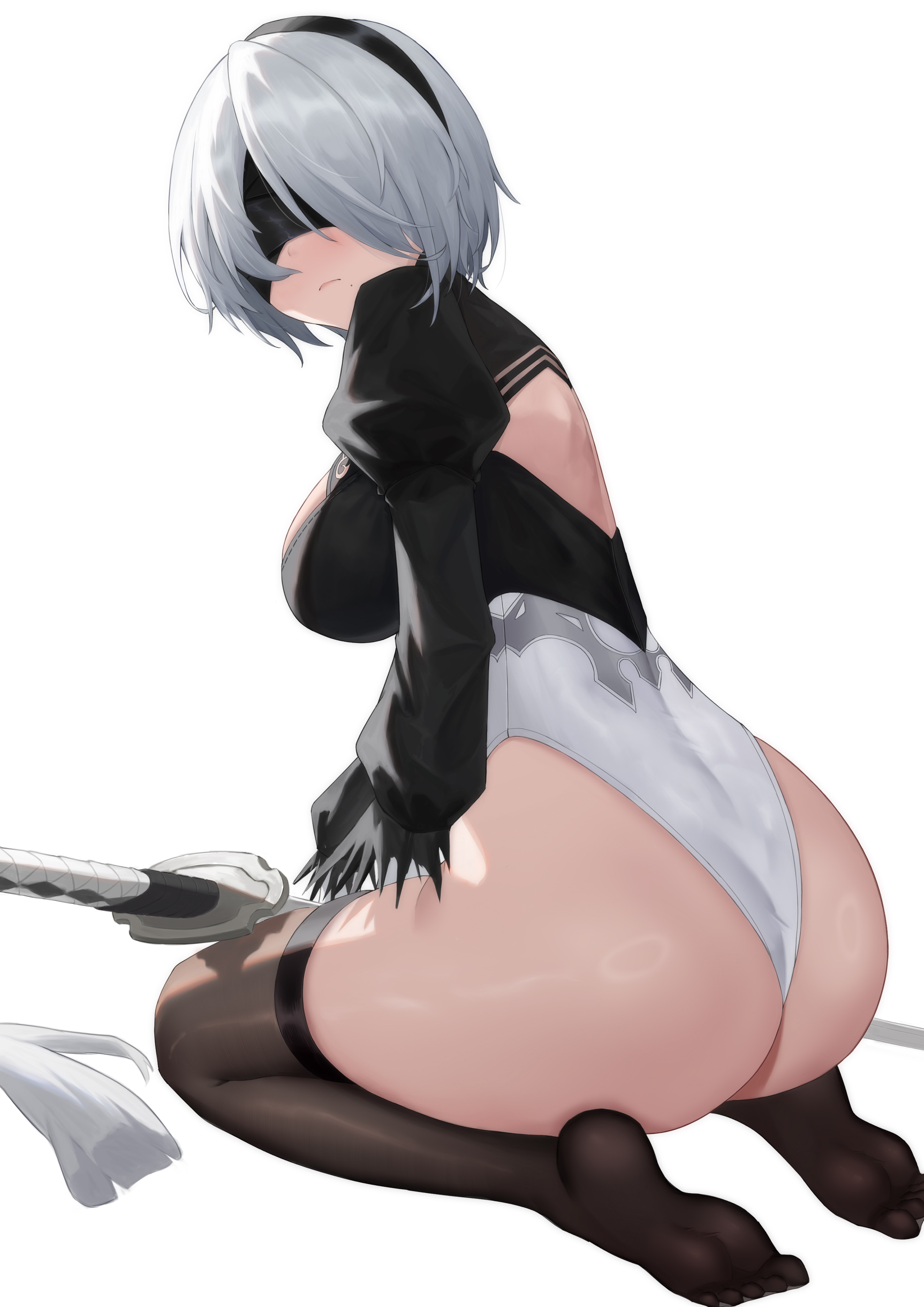 1girls, android, android girl, ass, big ass, big butt, black blindfold, blindfold, breasts, clothed, clothed female, female, female focus, female only, frown, frowning, light skin, light-skinned female, looking at viewer, looking back, mole under mouth, nier, nier (series), nier: automata, robot, robot girl, short hair, solo, solo female, solo focus, thick thighs, thighs, tuulan , video game character, white hair, yorha 2b