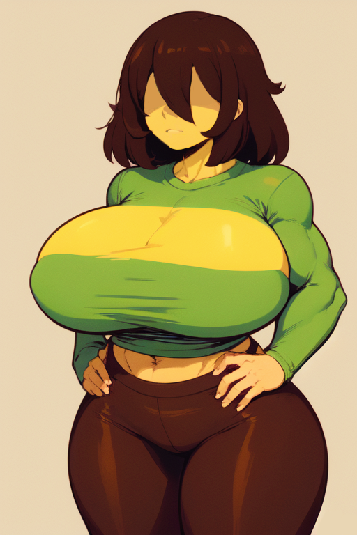 ai_generated big_breasts bob_cut brown_hair deltarune eyeless huge_breasts kris_(deltarune) kris_female_(deltarune) muscular_female thick_thighs wide_hips xzcoroche yellow_skin