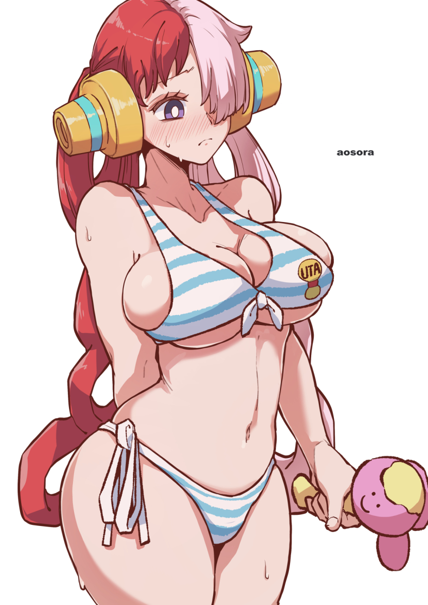 1girls aosora artist_name bikini blue_bikini blush breasts closed_mouth female female_only hair_over_one_eye highres large_breasts long_hair multicolored_hair navel nervous one_piece one_piece_film_red purple_eyes red_hair side-tie_bikini simple_background solo striped striped_bikini sweat swimsuit thick_thighs thighs twintails two_tone_hair uta_(one_piece) white_background white_hair