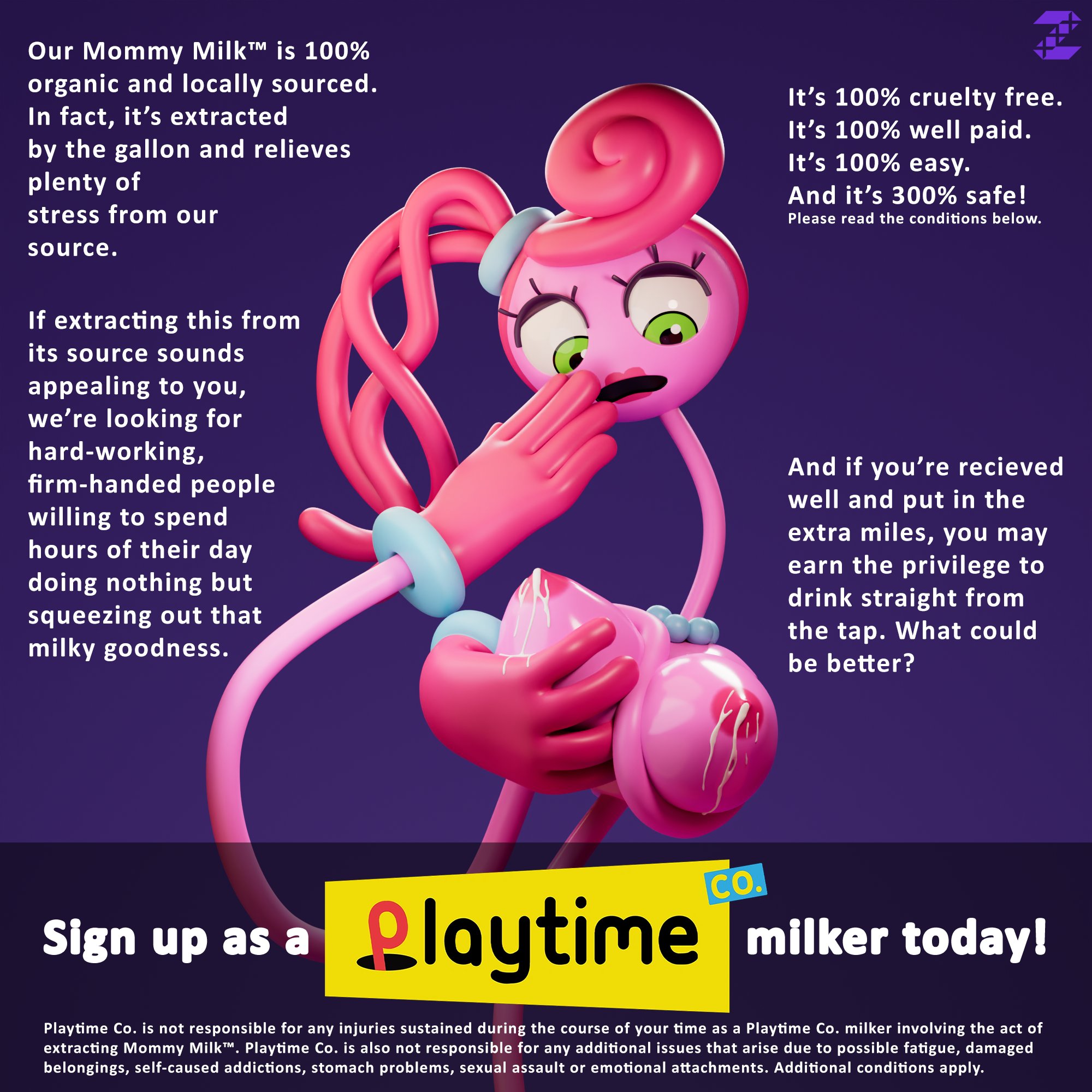 3d, 3d (artwork), big breasts, blender, breasts, female, green eyes, lactating, lactation, large breasts, milk squirt, mommy long legs, pink body, pink hair, pink skin, poppy playtime, solo, text, zxxxarts