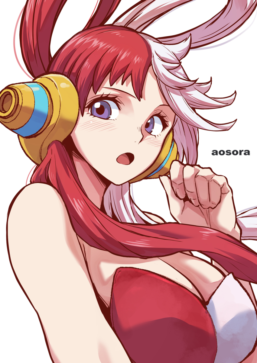 :o, 1girls, alternate costume, aosora, artist name, asymmetrical bangs, bare shoulders, blush, breasts, cleavage, female, female only, from side, headphones, highres, large breasts, leotard, long hair, looking at viewer, multicolored hair, one piece, one piece film red, open mouth, purple eyes, red hair, red-haired female, simple background, solo, strapless, strapless leotard, twintails, two-tone hair, upper body, uta (one piece), white background, white hair, white-haired female