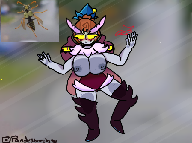 blush boobs_on_glass brawl_stars breasts dark_fairy_janet insects janet_(brawl_stars) magumbo_hornet purple_skin yellow_eyes