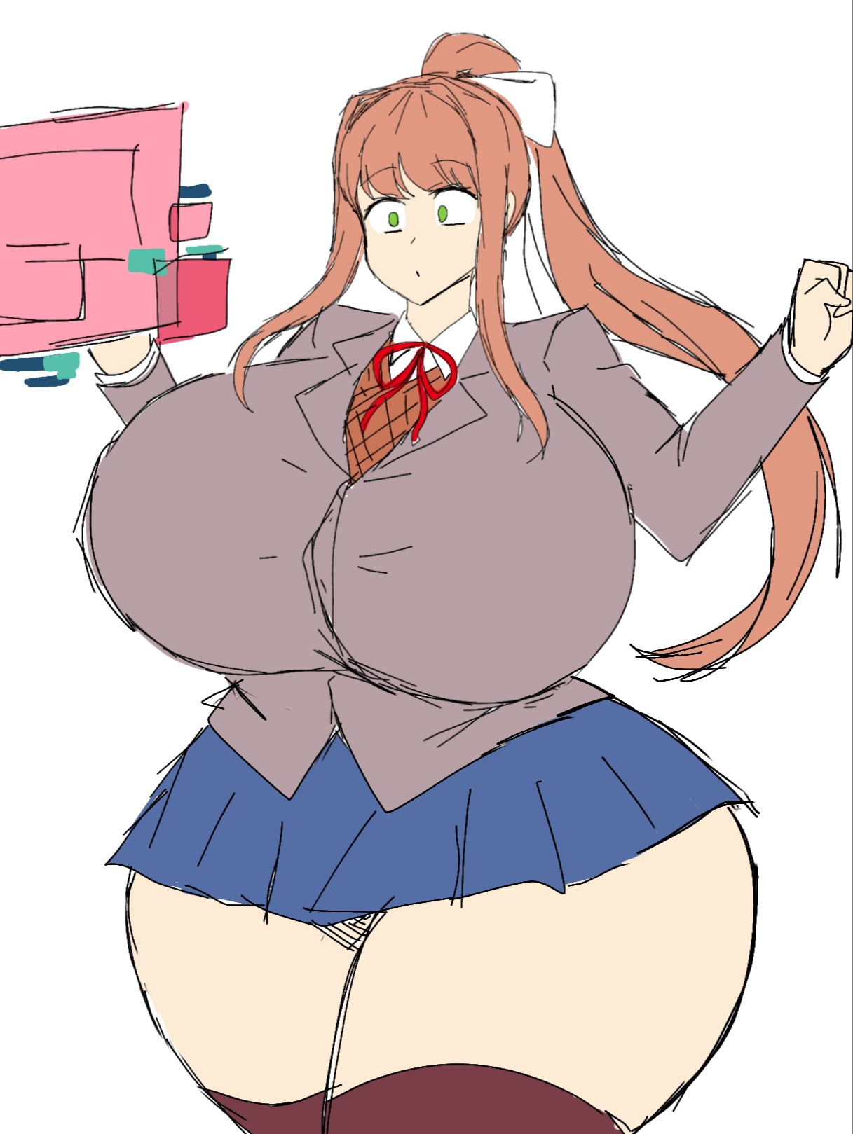 ass, big ass, big breasts, breasts, breasts bigger than head, clothed, curvy, doki doki literature club, female, female only, huge ass, huge breasts, momiji (artist), monika (doki doki literature club), thick thighs, underass, voluptuous, white bow