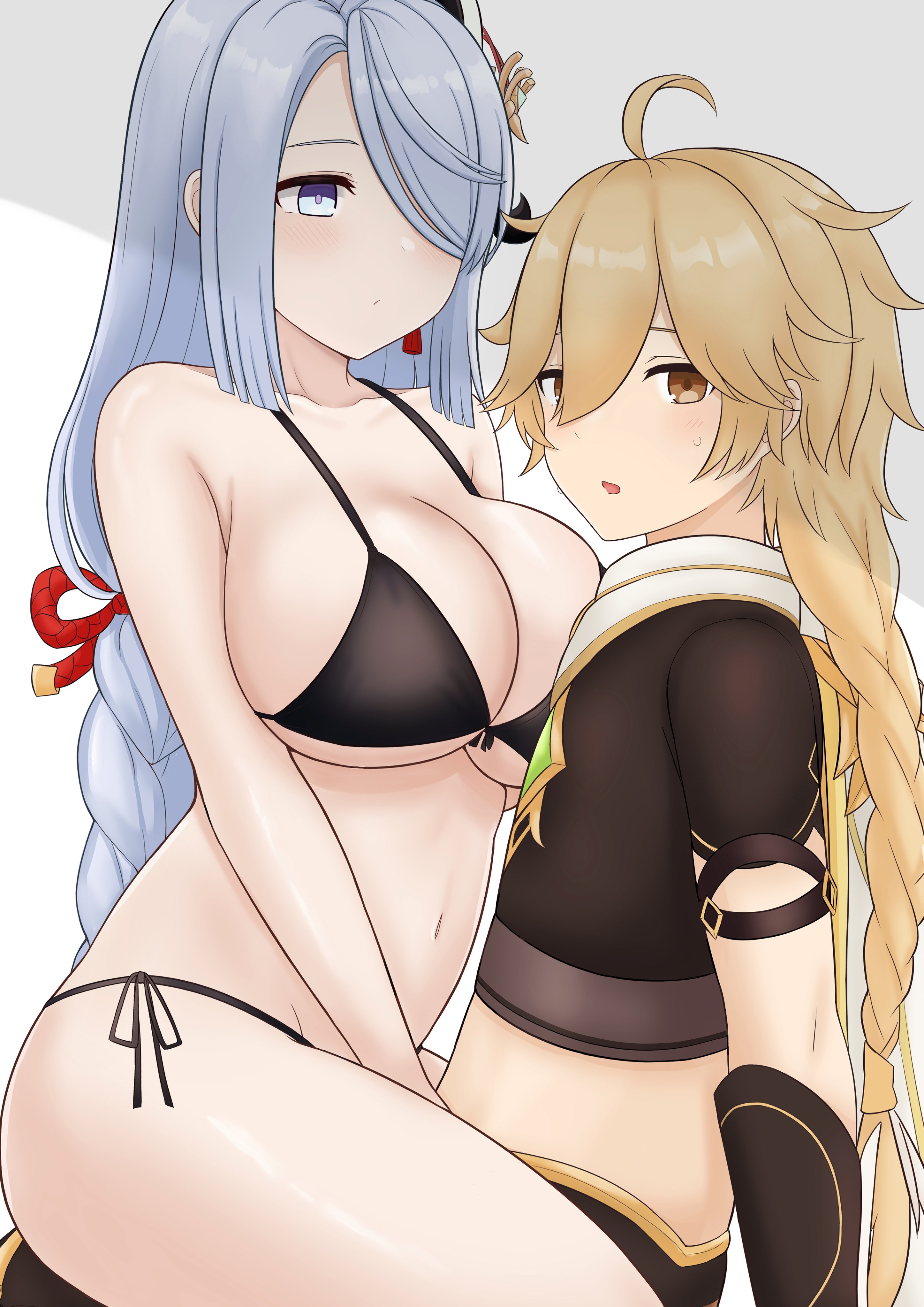 1boy, 1girls, aether (genshin impact), ass, big breasts, bikini, breasts, color, dominant female, domination, drawing, fat ass, female, genshin impact, horny, imminent sex, long hair, male, mihoyo, penis, shenhe (genshin impact), sitting, taller female, thick thighs, touching penis