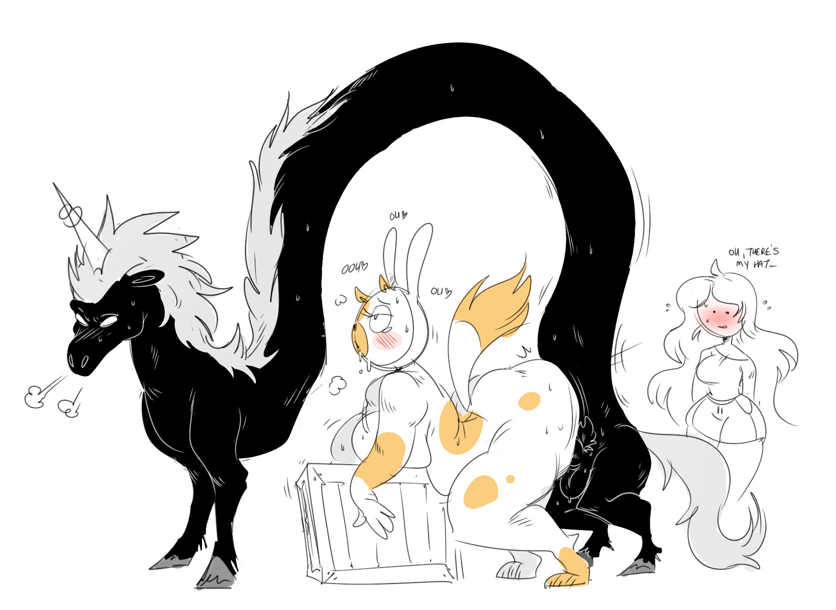 adventure time, anthro, balls, big breasts, blush, breasts, cake the cat, feline, female, feral, fionna and cake, fionna the human girl, heart, horn, horse, leaning on object, long body, lord monochromicorn, male, mhasses, mhdrawin, sex, sweat, tail, tear, thick, thick thighs, watching sex, white background