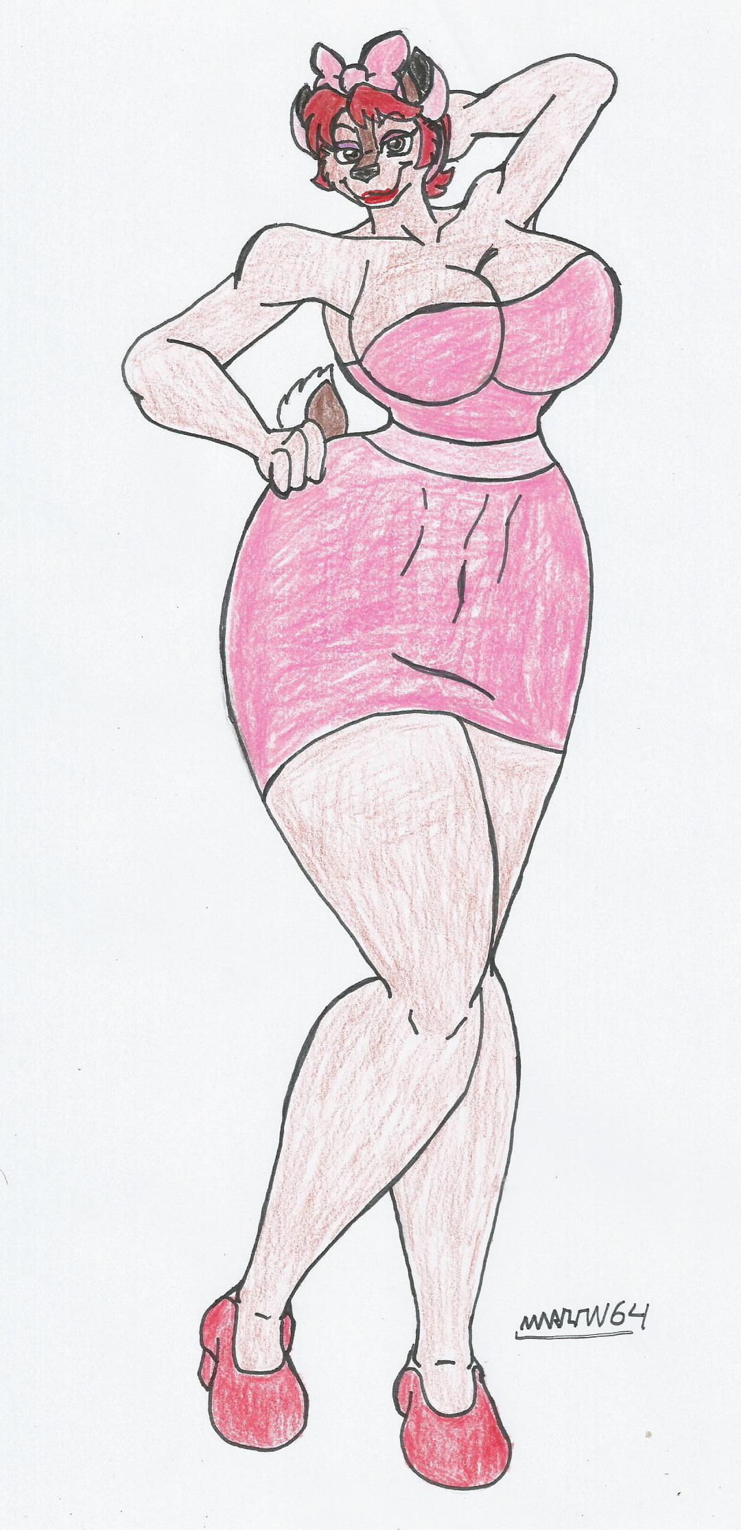 anthro big_breasts big_hips bonkers brown_body brown_eyes brown_fur brown_hair eyeshadow fawn_deer furry high_heels lipstick marlon64 pink_dress ribbon ribbon_in_hair short_dress traditional_drawing_(artwork) white_background