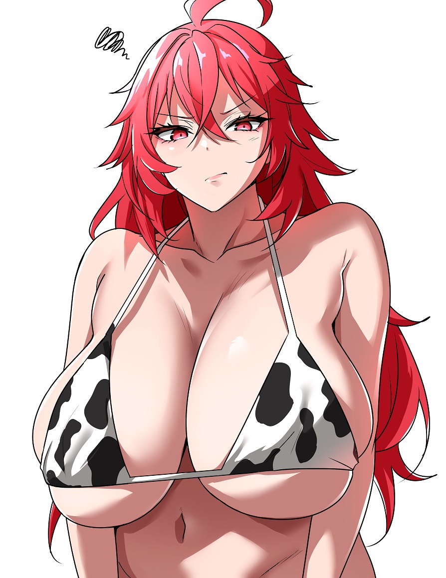 1girls annoyed belly_button bikini_top breasts cleavage cow_print cow_print_bikini female female_only goddess_of_victory:_nikke huge_breasts light-skinned_female light_skin looking_at_viewer nihilister_(nikke) red_eyes red_hair ryo_(ra_seaf/mozoshi) solo squiggle