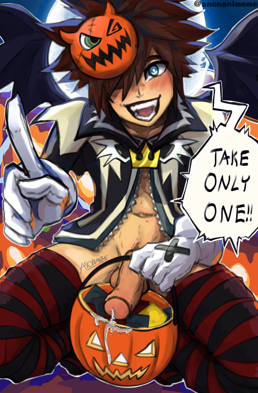 1boy anonanimeme condoms cum cum_string gay halloween halloween_costume kingdom_hearts male male_only pumpkin sora_(kingdom_hearts) yaoi