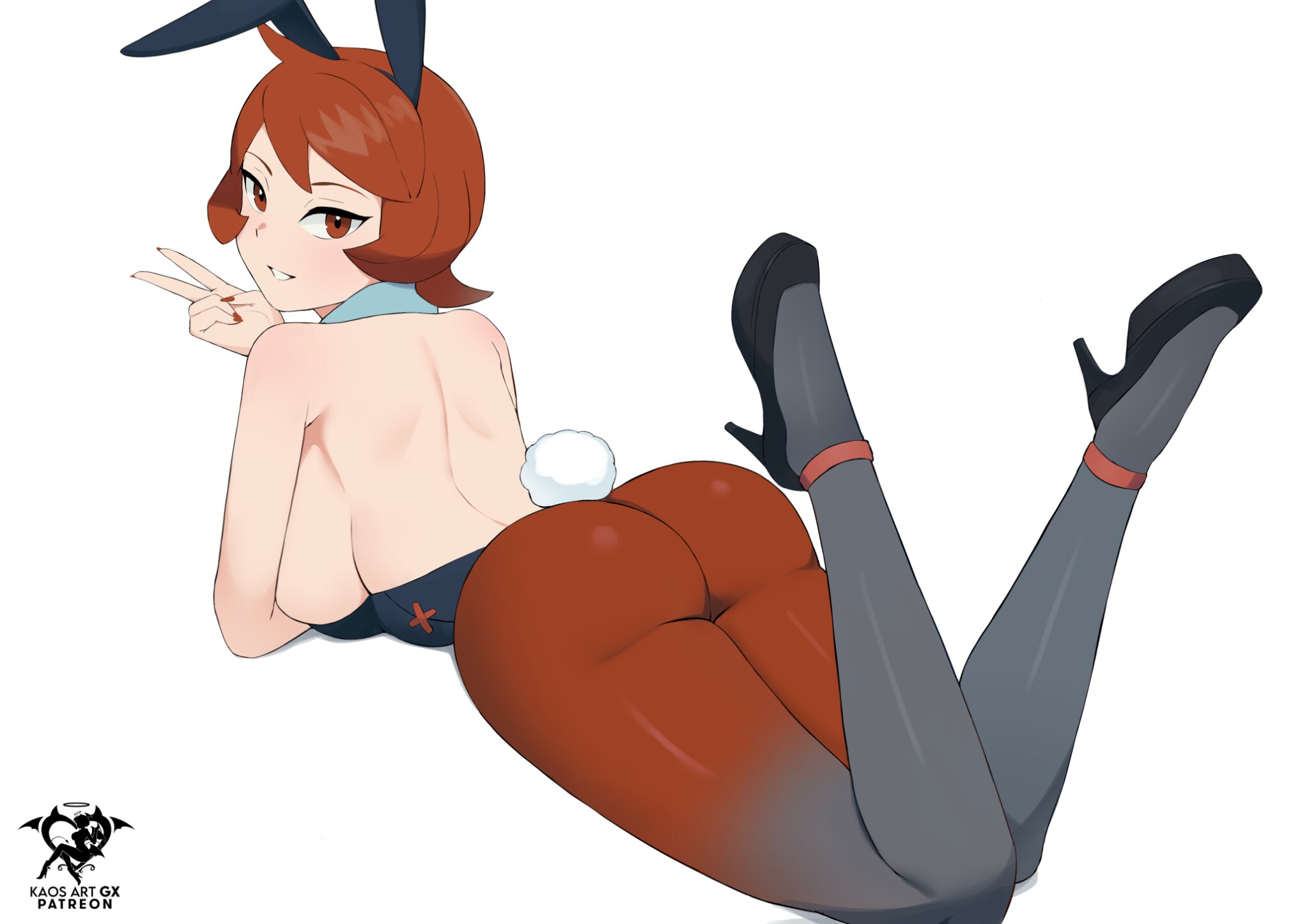 1girls, arezu (pokemon), ass, ass focus, bare arms, bare back, bare shoulders, breasts, bunny ears, bunny girl, bunny tail, bunnysuit, collar, female, high heels, kaos art, legs up, nail polish, pantyhose, pokemon, pokemon legends: arceus, red eyes, red hair, red nail polish, red nails, short hair, sideboob, thick thighs, white collar