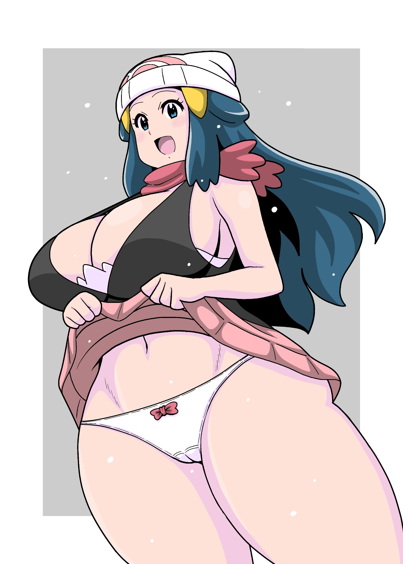 1girls, beanie, big breasts, blue eyes, blue hair, bottomwear, breasts, cleavage, dawn (pokemon), female, female only, game freak, hair, hat, headwear, huge breasts, koutarosu, long hair, open mouth, panties, pantyshot, pink skirt, pokemon, pokemon dppt, skirt, skirt lift, skirt up, solo, solo female, thick thighs, thighs, voluptuous, white panties