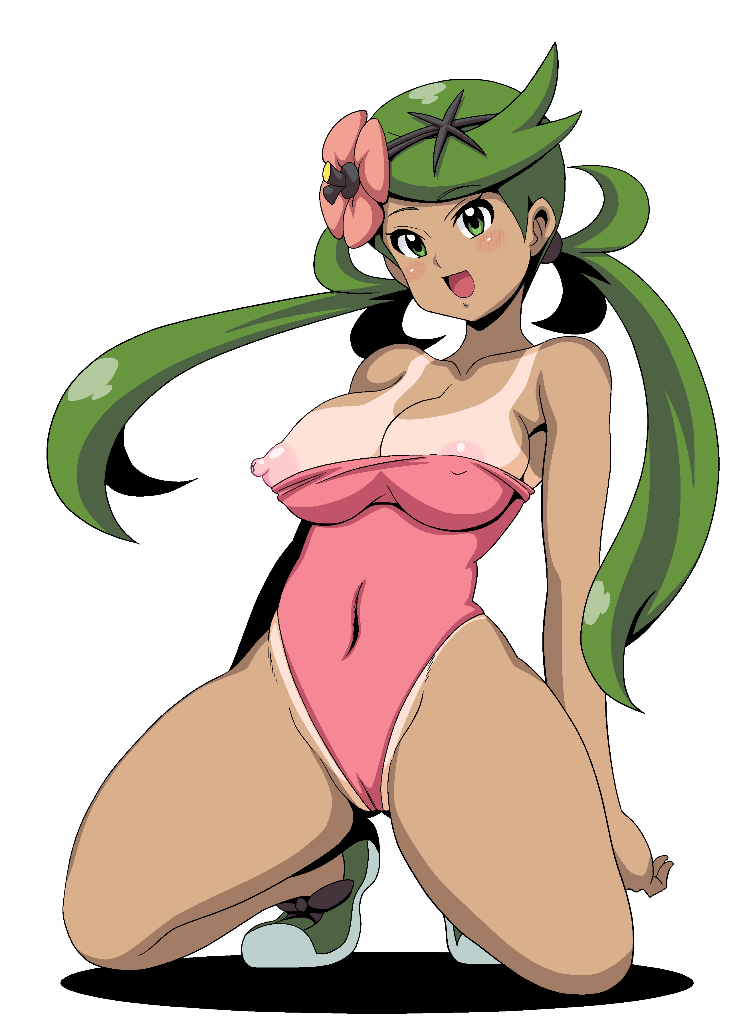 1girls, areolae, big breasts, breasts, breasts out, dark skin, dark-skinned female, exposed breasts, female, female only, flower, flower in hair, footwear, game freak, green eyes, green hair, hair, hair ornament, huge breasts, koutarosu, mallow (pokemon), nipples, one-piece swimsuit, open mouth, pink leotard, pink one-piece swimsuit, pink swimsuit, pokemon, pokemon sm, shoes, solo, solo female, swimsuit, tan, tan lines, tanline, tanlines, thick thighs, thighs, twintails, white background