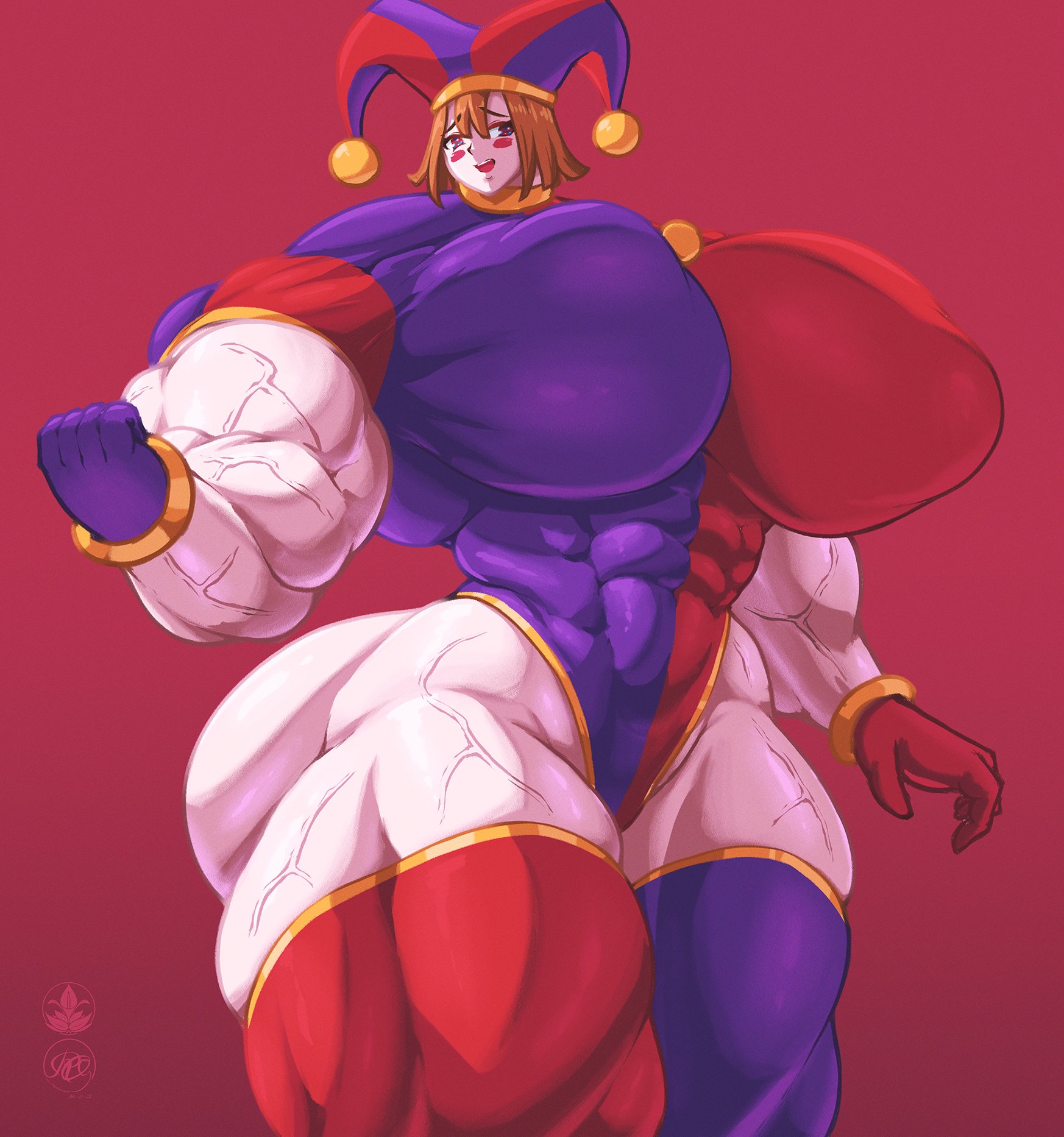 2023, 2d, 2d (artwork), 2d artwork, abs, breasts, brown hair, female, fucking gigachad, gigantic breasts, glitch productions, gloves, gooseworx, huge breasts, huge thighs, hyper muscles, jester, jester costume, jester hat, jester outfit, muscles, muscular, muscular female, nipple bulge, pomni, pomni (the amazing digital circus), roneesan, short hair, tagme, the amazing digital circus, thick thighs, veiny muscles, white body