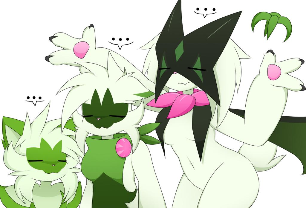 ... 2023 3girls breasts cheek_tuft claws closed_eyes feline female female_only feral floragato furry generation_9_pokemon green_body green_fur green_hair medium_breasts meowscarada nakachidragon navel pawpads pokémon_(species) pokemon pokemon_(species) pokemon_sv simple_background smile smiling sprigatito tail