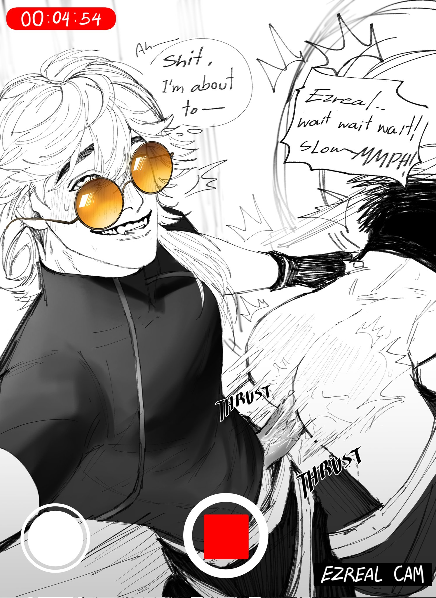 ass, black and white, camera phone, camera view, clothed, clothing, cum, cum in ass, cum inside, cumshot, dialogue, ezreal, gay, glasses, heartsteel ezreal, heartsteel kayn, heartsteel series, kayn, league of legends, male, recording, stuck, stuck in wall, yaoi