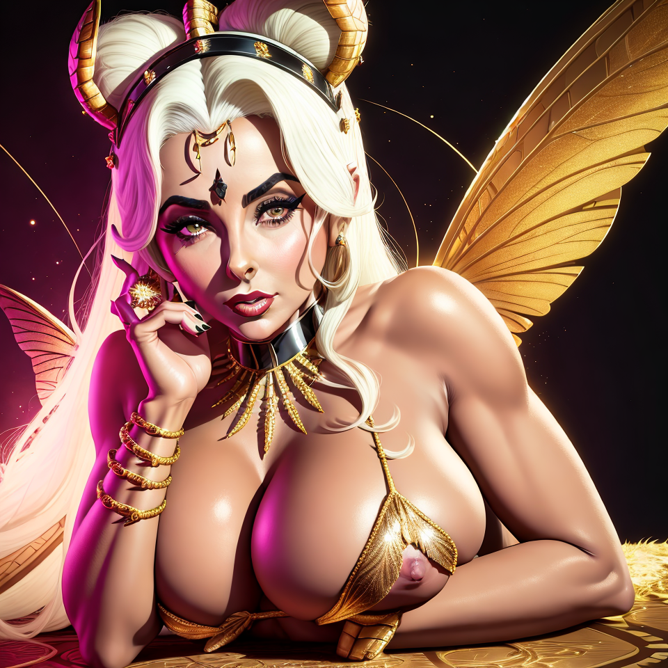 ai_generated big_breasts blonde_hair breasts collar elizabeth_taylor fairy female_only long_hair nipples thick_eyebrows unstable_diffusion wings