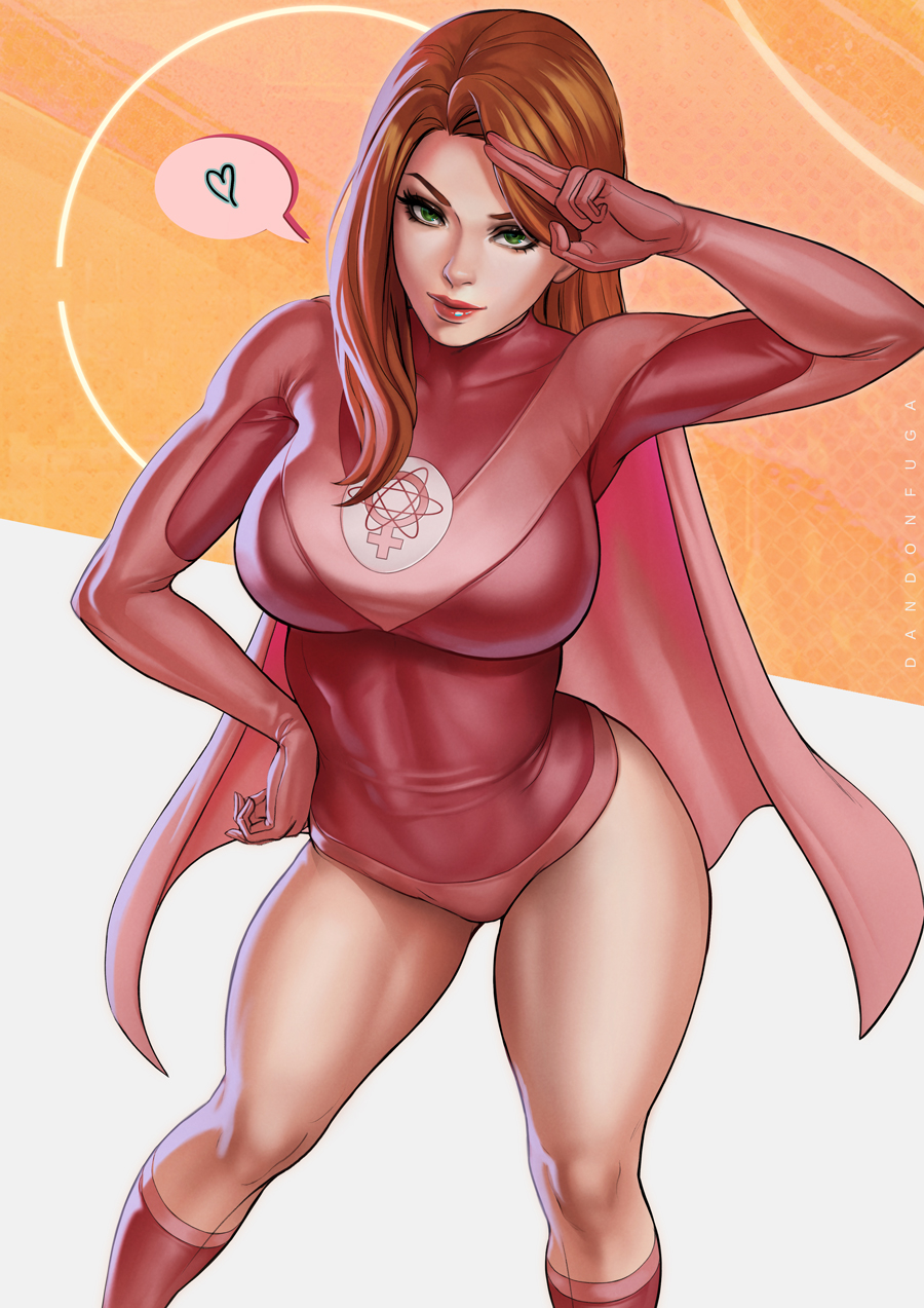 1girls, atom eve, big breasts, breasts, child bearing hips, clothed, dandon fuga, female, ginger hair, green eyes, hand on hip, invincible, leotard, looking at viewer, looking up, red hair, sfw, skin tight, smile, solo, standing, superheroine, tagme, thick thighs, tight clothing