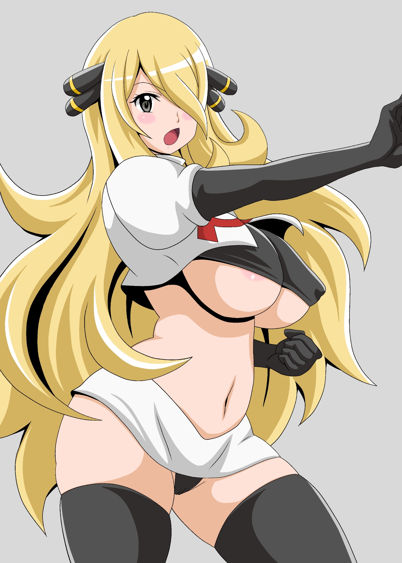 1girls, areola slip, areolae, big breasts, black eyes, black thighhighs, blonde hair, blush, breasts, corruption, curvaceous, cynthia (pokemon), enemy conversion, female, female only, game freak, hair, hair over one eye, hips, huge breasts, jessie (pokemon) (cosplay), koutarosu, legwear, long hair, mature, mature female, pencil skirt, pokemon, pokemon (anime), pokemon dppt, skirt, solo, solo female, team rocket, thighhighs, thighs, underboob, white skirt, wide hips