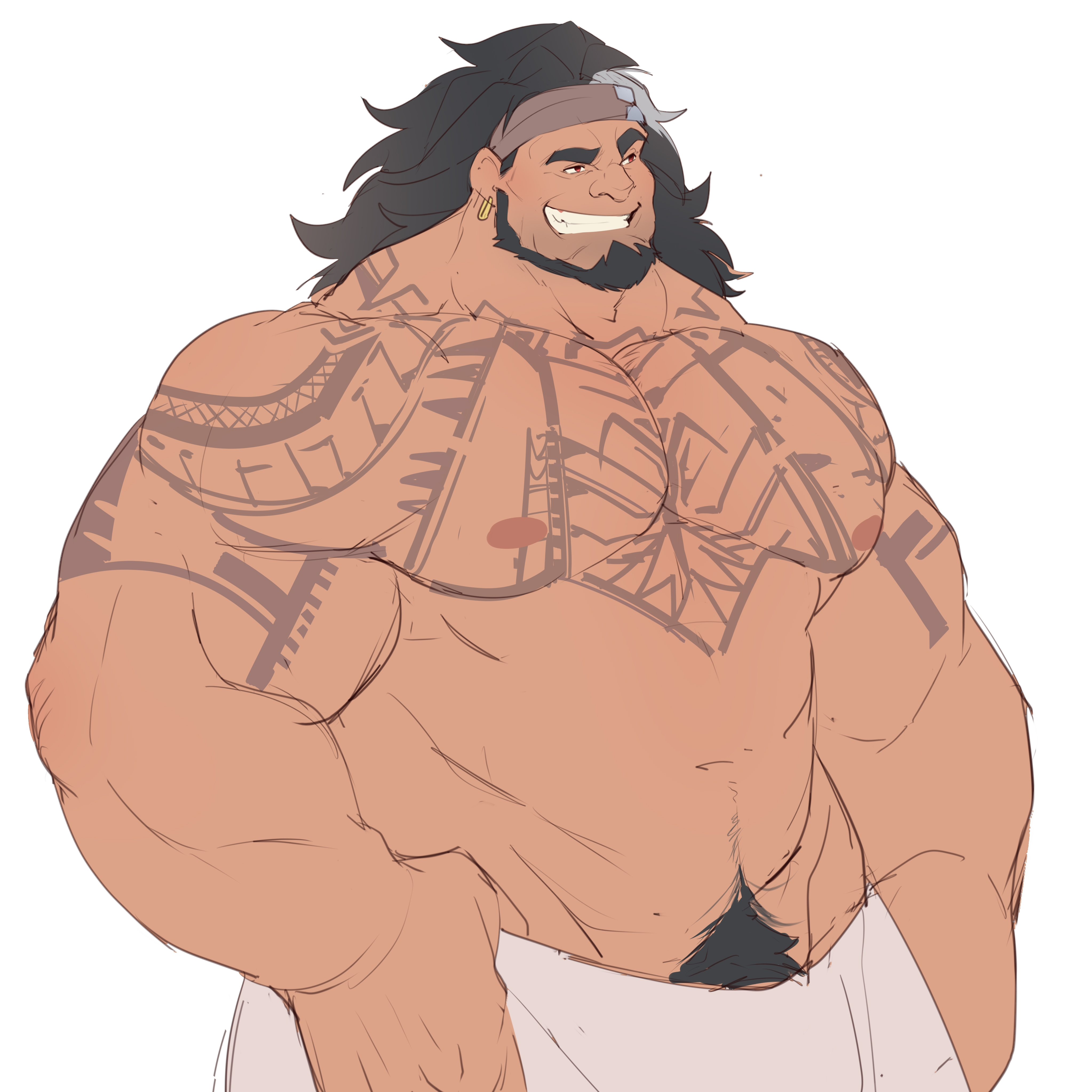 bara, beard, black and white hair, black hair, facial hair, male, male only, mauga, muscles, muscular, overwatch, overwatch 2, shirtless, solo, solo male, tattoo, tattoo on chest, towel, towel around waist, underguran, yaoi