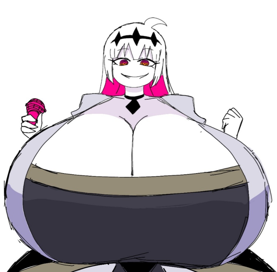2023, ass, ass bigger than head, big ass, big breasts, boob window, breasts, cleavage, clothed, female, female only, friday night funkin, holding, holding microphone, holding object, huge ass, huge breasts, hyper, hyper ass, hyper breasts, microphone, momiji (artist), mommy, nikusa (sugarratio), seductive look, white background, white body, white hair, white skin