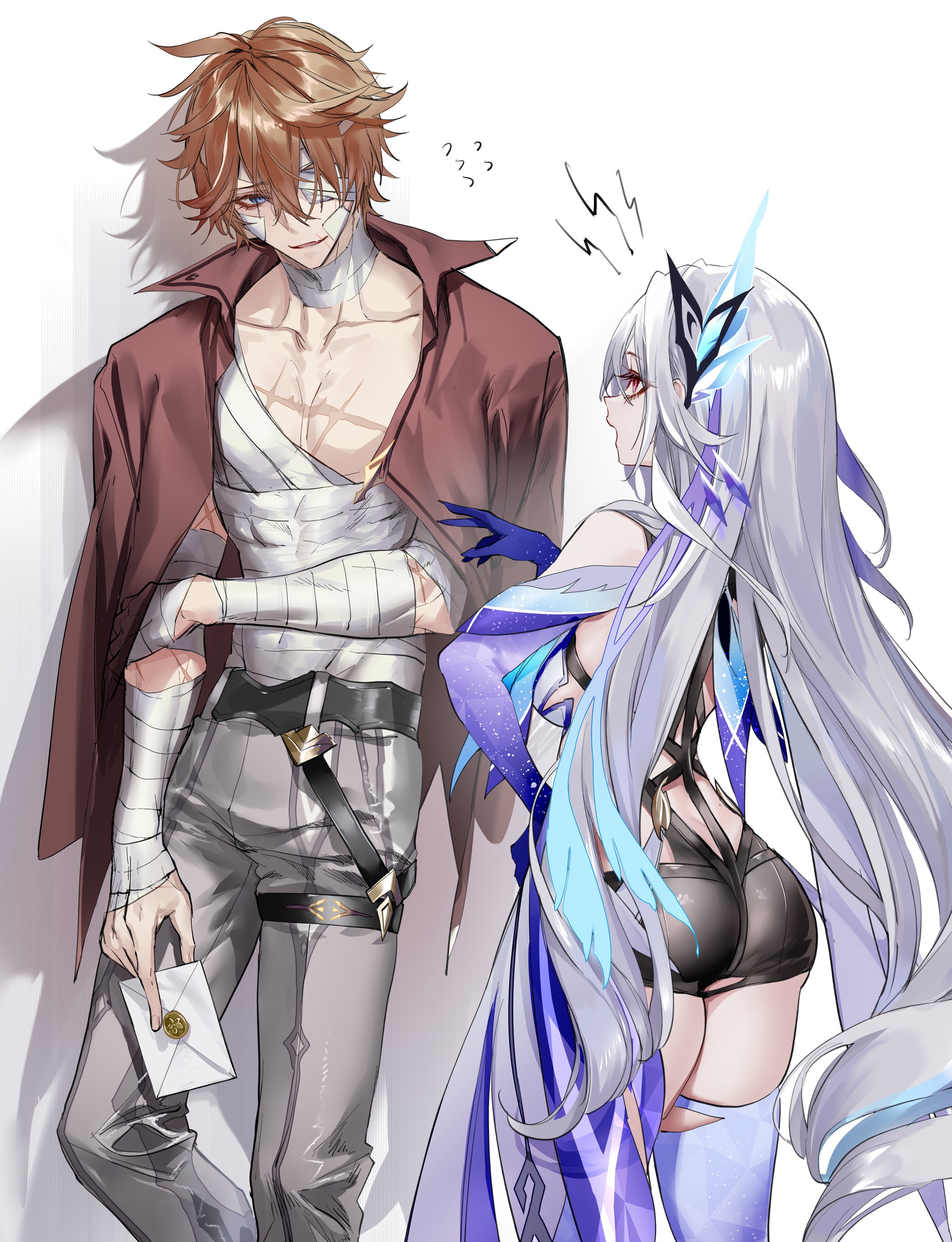 ass, bandage, bandages, blue eyes, childe (genshin impact), genshin impact, master, orange hair, pottsness, red eyes, skirk (genshin impact), tartaglia (genshin impact), thick ass, thick thighs, thighs, white hair