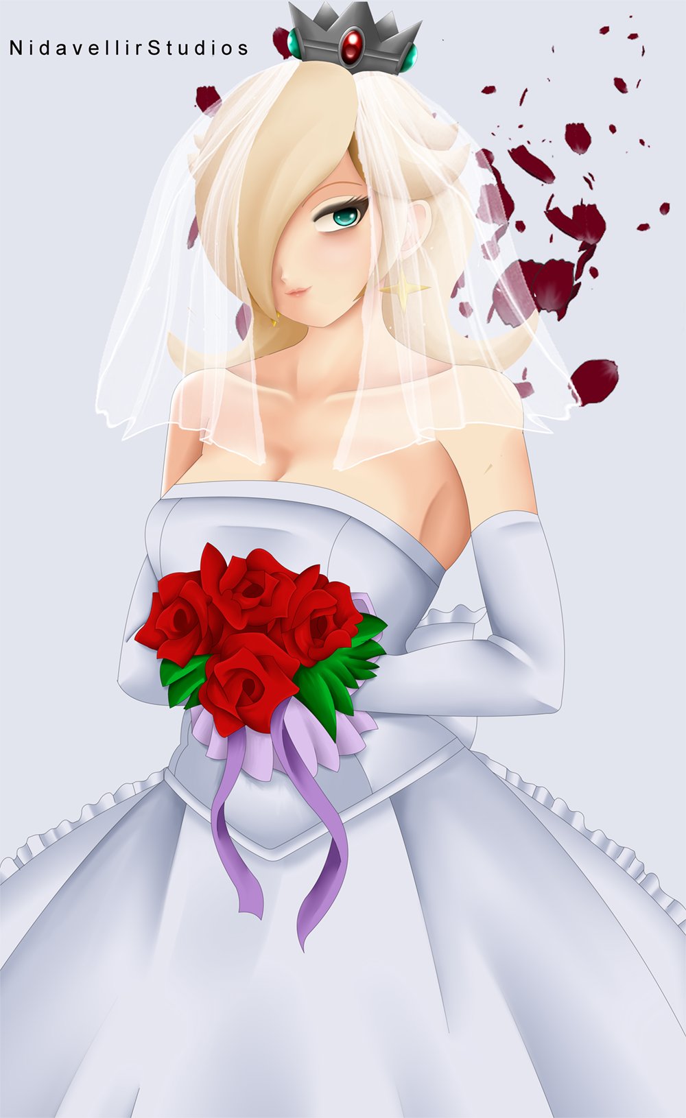 1girls blonde_hair blue_eyes crown female hair_over_one_eye looking_at_viewer mario_(series) nidavellirstudios nintendo princess_rosalina rose_(flower) super_mario_galaxy tagme wedding wedding_dress wedding_veil white_background white_skin