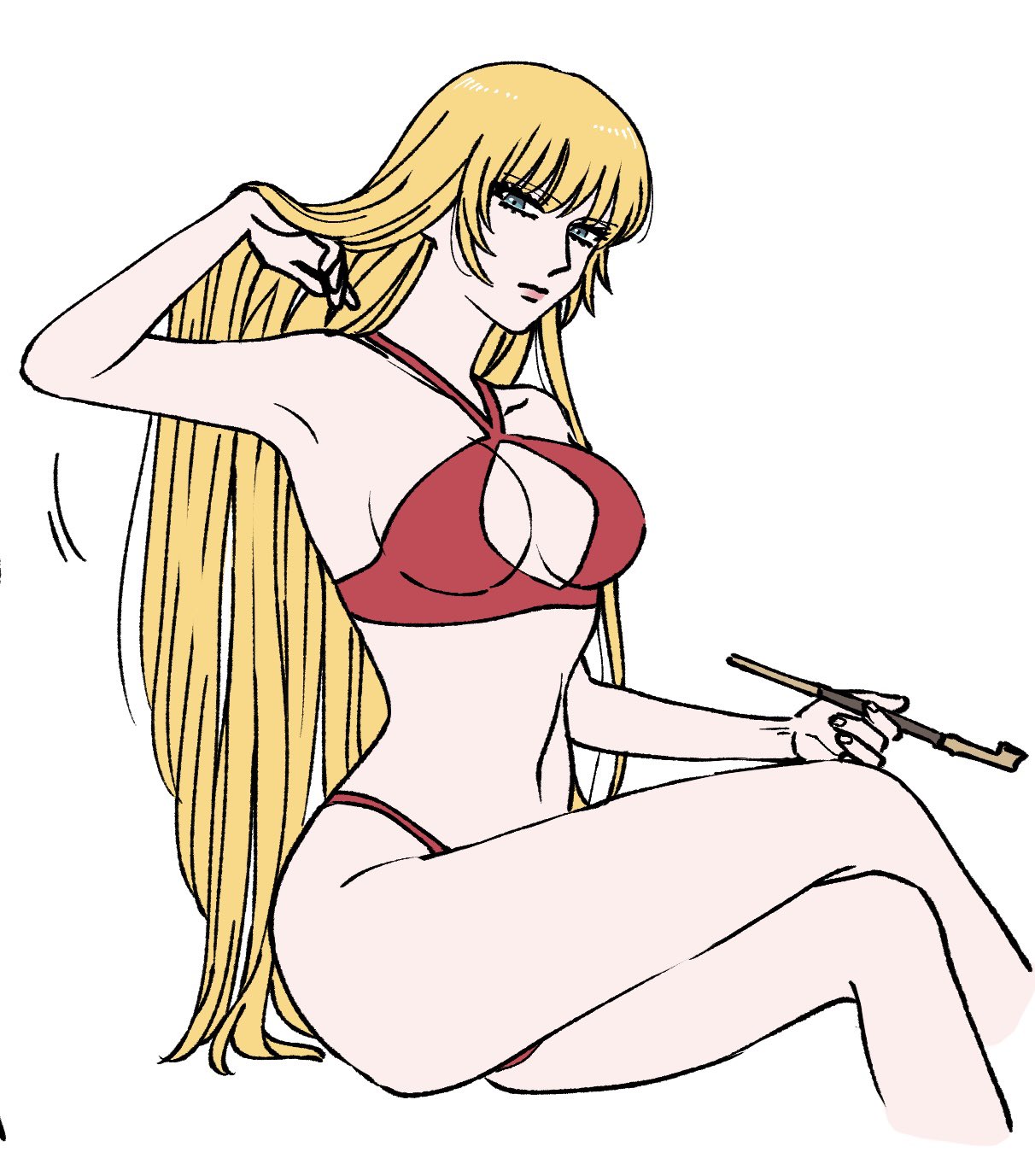 alternate_costume bikini blonde_hair blue_eyes chi_c_lov cleavage cleavage_cutout crossed_legs female female_only gintama kijima_matako kiseru long_hair pipe red_bikini sitting smoking smoking_pipe solo swimsuit very_long_hair