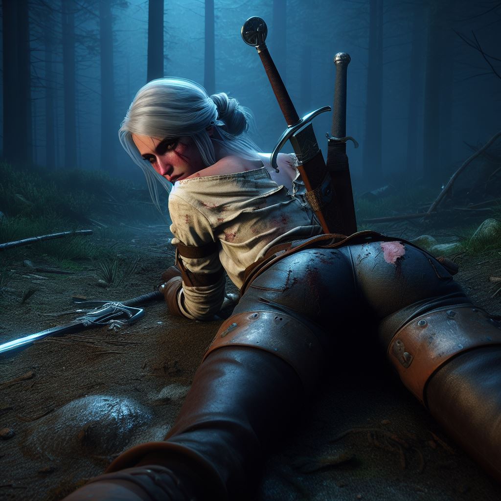 ai_generated ass blush ciri clothed clothing female hair_tied leather_pants looking_at_viewer looking_back outdoors scar_on_face solo solo_female strapless_top sword the_witcher_(series) the_witcher_3:_wild_hunt tied_hair weapon white_hair white_shirt witcherzonensfw woods