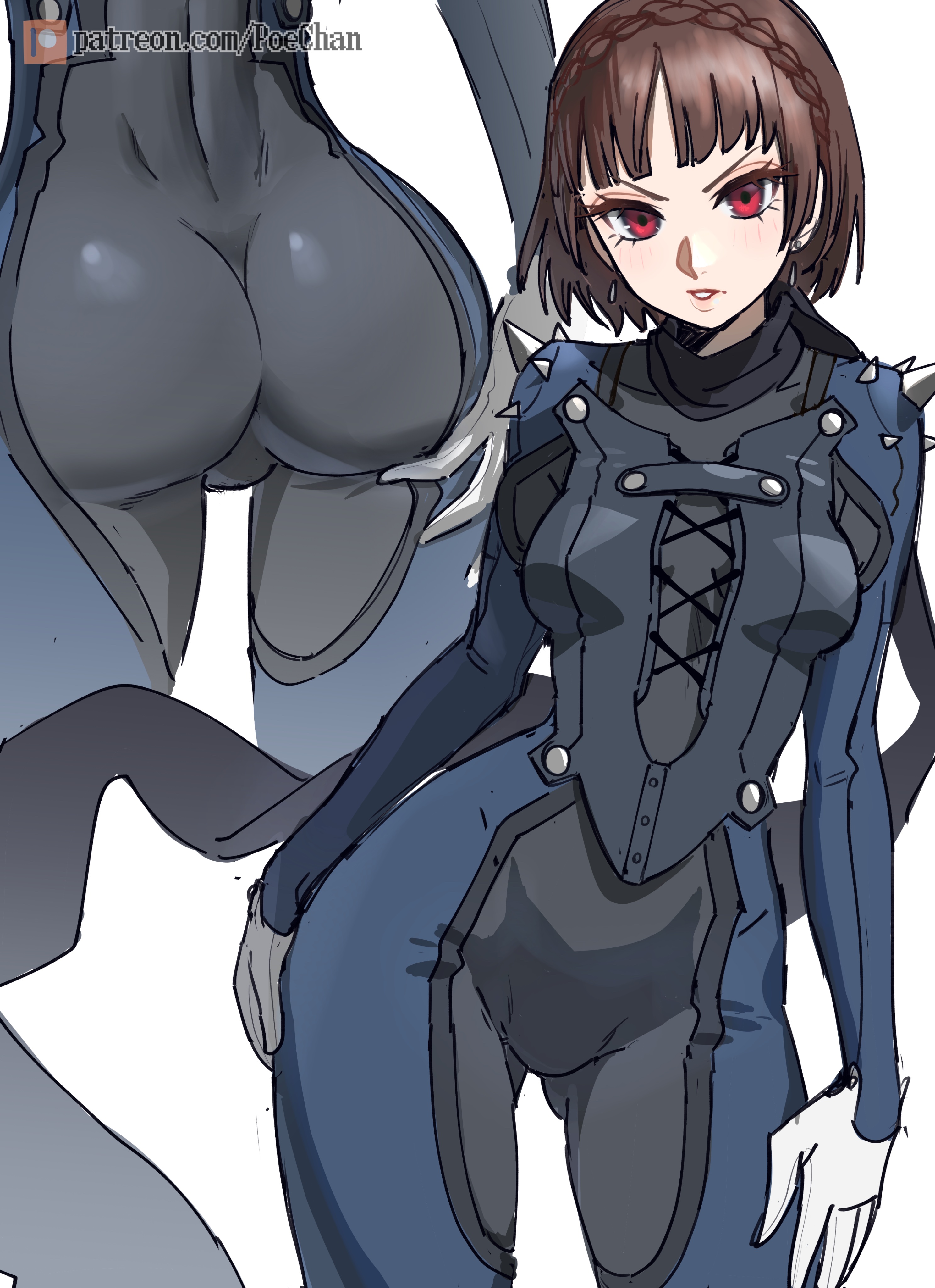 1girls, ass, ass focus, back view, big ass, big butt, bodysuit, brown hair, butt focus, clothing, corset, female, gloves, hi res, human, looking at viewer, makoto niijima, makoto niijima (queen), multiple views, pale skin, persona, persona 5, phantom thief suit, poechan, red eyes, scarf, short hair, skin tight, solo, tight clothing