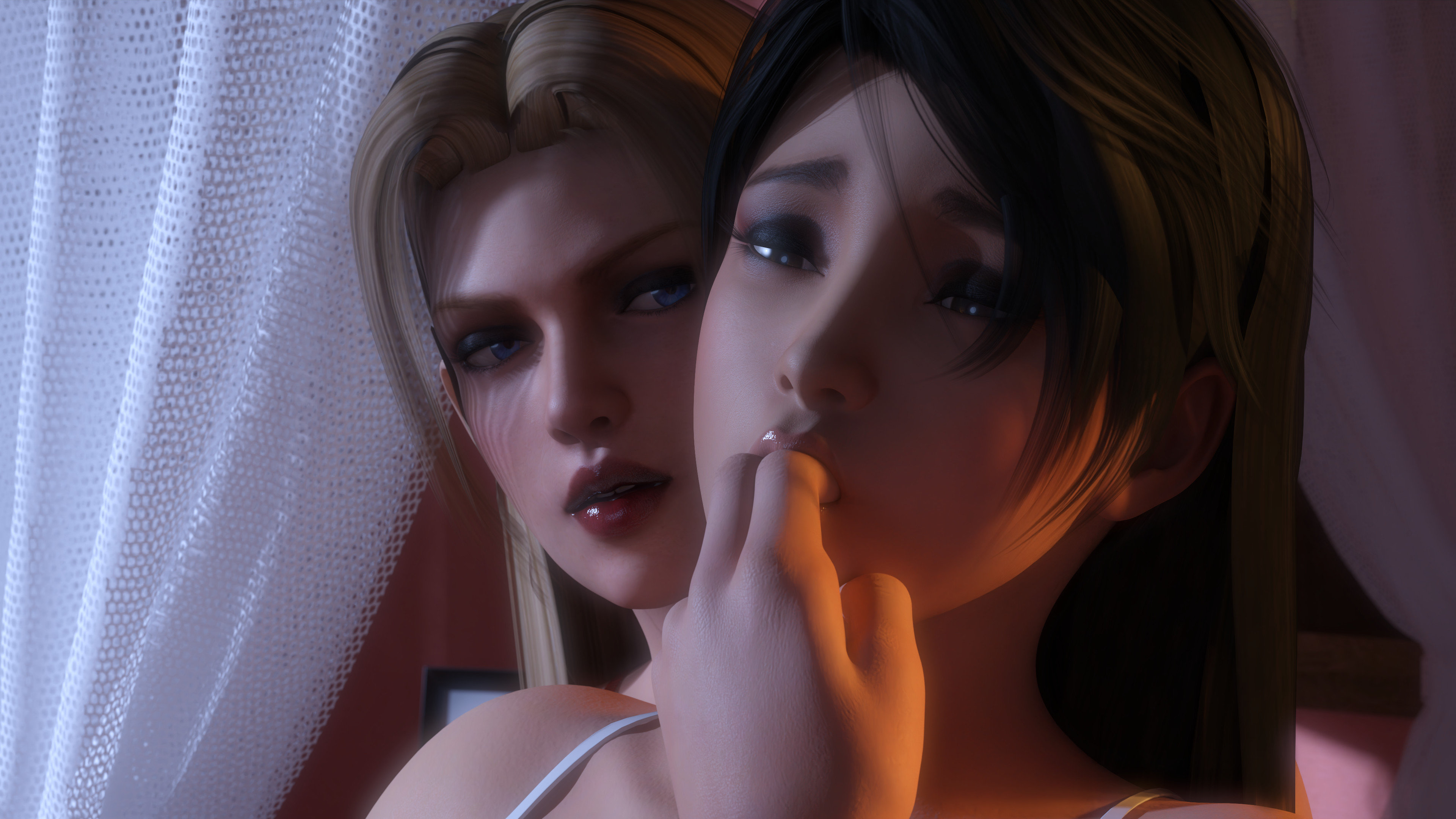 3d, amber eyes, asian, asian female, bed, bedroom, black hair, blonde hair, blue eyes, bra strap, breasts, canadian, closed eyes, dead or alive, female, interracial yuri, intimate, japanese, kissing, large breasts, lesbian, lesbian sex, lesbians, lingerie, lipstick, moaning, momiji (ninja gaiden), ninja gaiden, phantaseye, rachel (ninja gaiden), romantic, sucking fingers, yuri