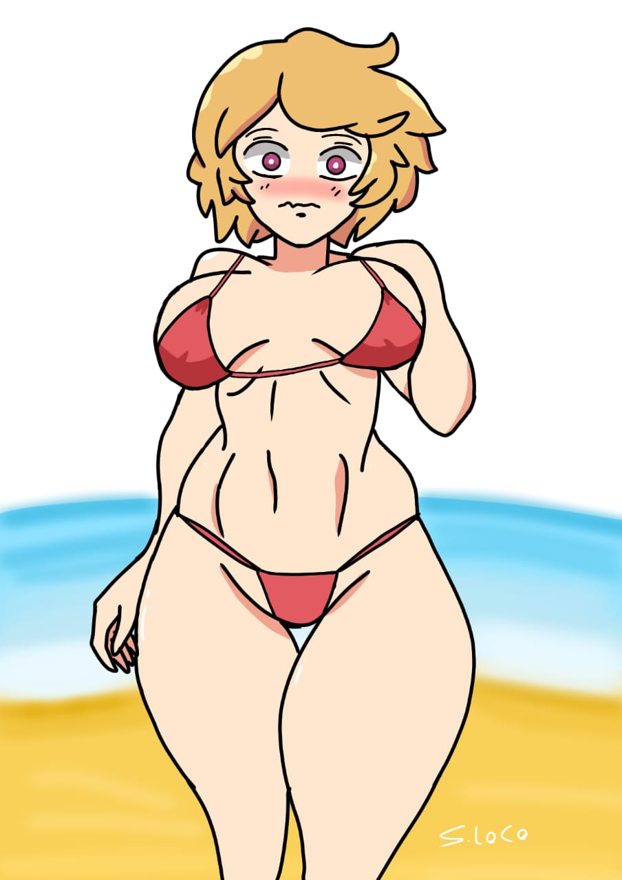 alternate_version_available ann_chica_(fnafhs) artist_request beach blonde_hair chica_(fnafhs) fhs fhsz3r0 fnafhs fnafhs_z3ro fnafhsrule34 purple_eyes red_bikini santoo115