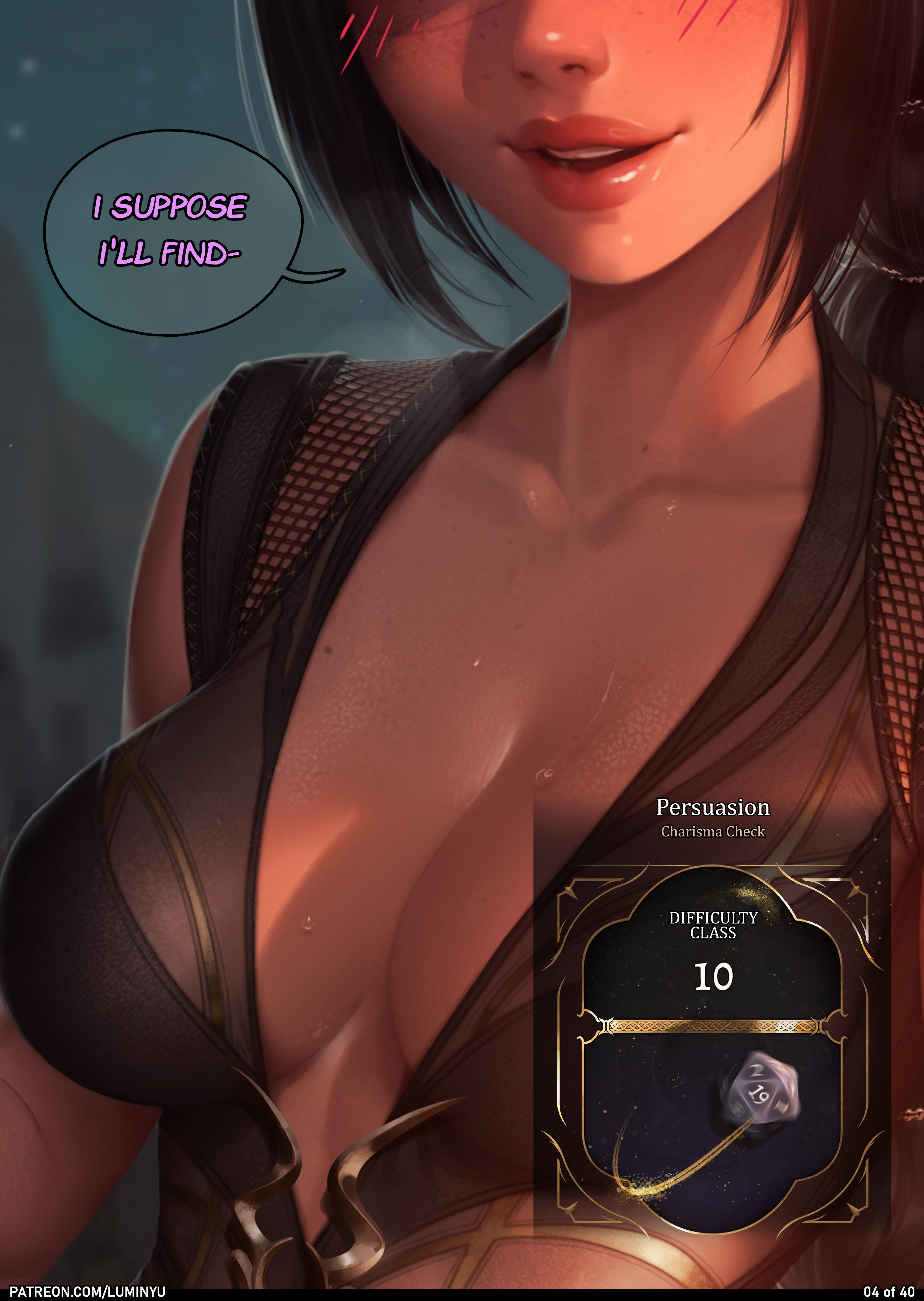 1girls, 2023, absurd res, absurdres, artist name, baldur's gate, baldur's gate 3, black hair, blush, blushing at viewer, breasts, cleavage, cleavage cutout, clothed, clothing, comic, comic page, comic panel, cute, dialogue, dice, dungeons and dragons, elf, elf ears, elf female, elf girl, english, english dialogue, english text, female, female focus, female only, forgotten realms, freckles, green eyes, gumroad, hair, hair bun, hair ornament, half elf, high resolution, long hair, luminyu, makeup, medium breasts, mini comic, narration, page 4, page number, panels, part 4, part of a set, patreon, patreon reward, patreon username, ponytail, pov, pov eye contact, roleplay, romantic, romantic ambiance, romantic couple, shadowheart, smile, smiling, smiling at viewer, solo, solo female, solo focus, story, tagme, tav (baldur's gate), text, text bubble, thought bubble, very high resolution, very long hair