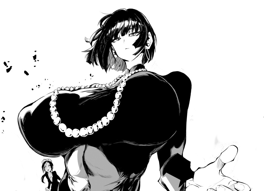 1girls, absurd res, areola bulge, bangs, big breasts, black and white, black hair, bob cut, breasts, busty, clothed, clothing, coat, curvaceous, curvy, curvy body, curvy female, curvy figure, dress, earrings, edit, eye contact, eyelashes, female, female focus, fringe, fubuki (one-punch man), greyscale, half-closed eyes, highres, huge breasts, jewelry, large breasts, lips, lipstick, long sleeves, looking at viewer, medium hair, monochrome, necklace, nipple bulge, nomomono eraser, one-punch man, pearl necklace, short hair, slim, slim waist, thin waist, tight clothing, tight dress, turtleneck, turtleneck dress, voluptuous, white background