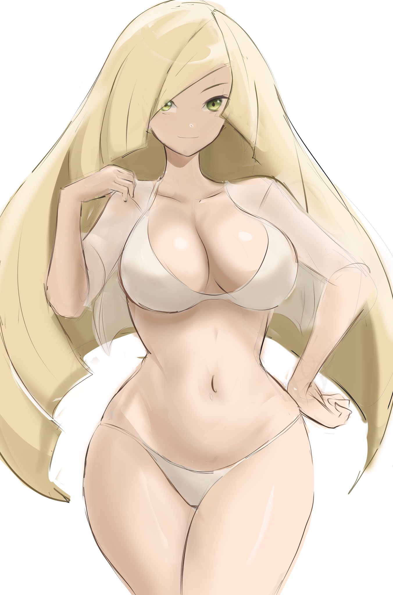 1girls, 2021, big breasts, bikini, blonde hair, blonde-haired female, breasts, clothing, female, female only, green eyes, hair covering eye, hand on hip, hips, hourglass figure, legs together, long hair, lusamine (pokemon), mature female, milf, nintendo, pokemon, pokemon sm, rakeemspoon, slim waist, smile, solo, thick thighs, white bikini, wide hips