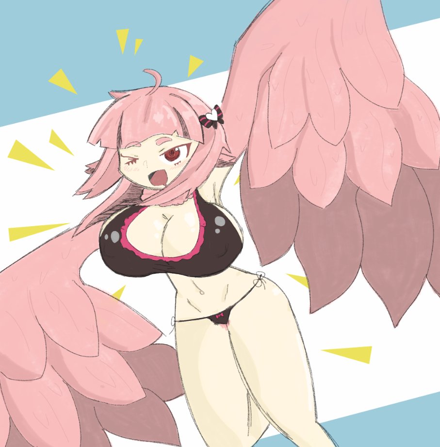 1girls alternate_costume artistyerbameow bikini bikini_bottom bikini_top bird bird_girl female female_focus female_only harpy jubjub_(monster_girl_encyclopedia) large_breasts light-skinned_female light_skin meiya_sundowner monster_girl monster_girl_encyclopedia nipples_bulge pink_hair red_eyes solo winged_arms wings