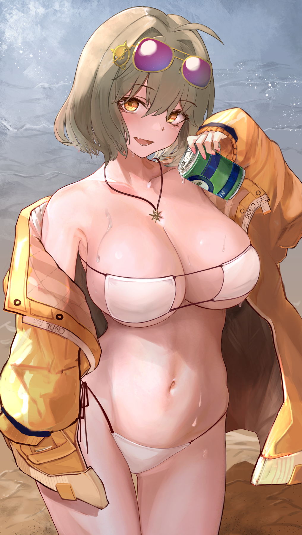 1girls, alcohol, alcoholic drink, anis (nikke), beach, beer, big breasts, bikini, blonde hair, breasts, clothed, clothed female, female, female focus, female only, glasses, goddess of victory: nikke, jacket, large breasts, light skin, light-skinned female, midriff, navel, necklace, open jacket, short hair, solo, solo female, sunglasses, sunglasses on head, swimsuit, swimwear, thick thighs, thighs, tummy, wet, wet body, 朝池u