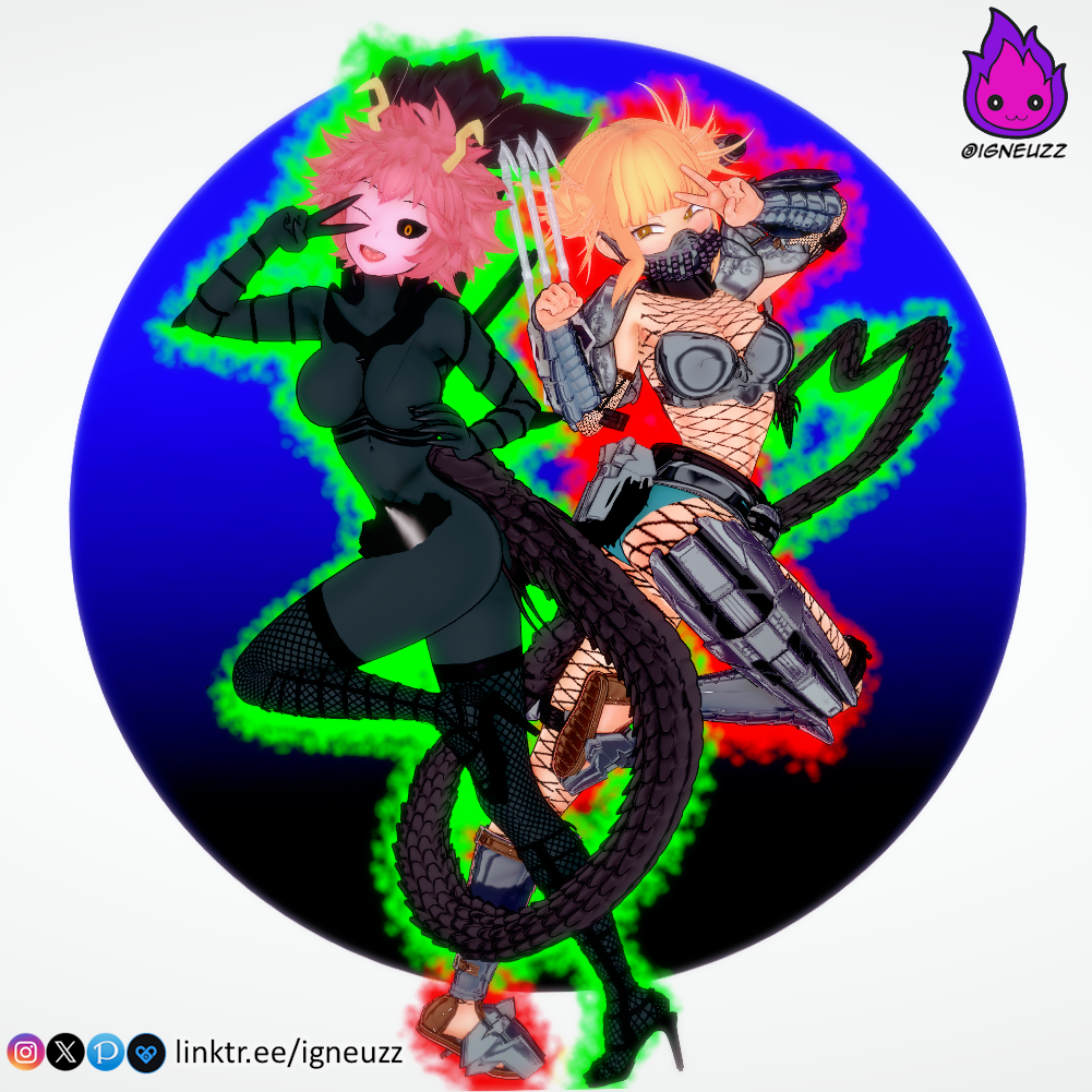 2girls 3d alien alien_(franchise) alien_vs_predator boku_no_hero_academia crossover female female_only himiko_toga igneuzz mask masked masked_female mina_ashido my_hero_academia predator predator_(franchise) tail xenomorph yautja