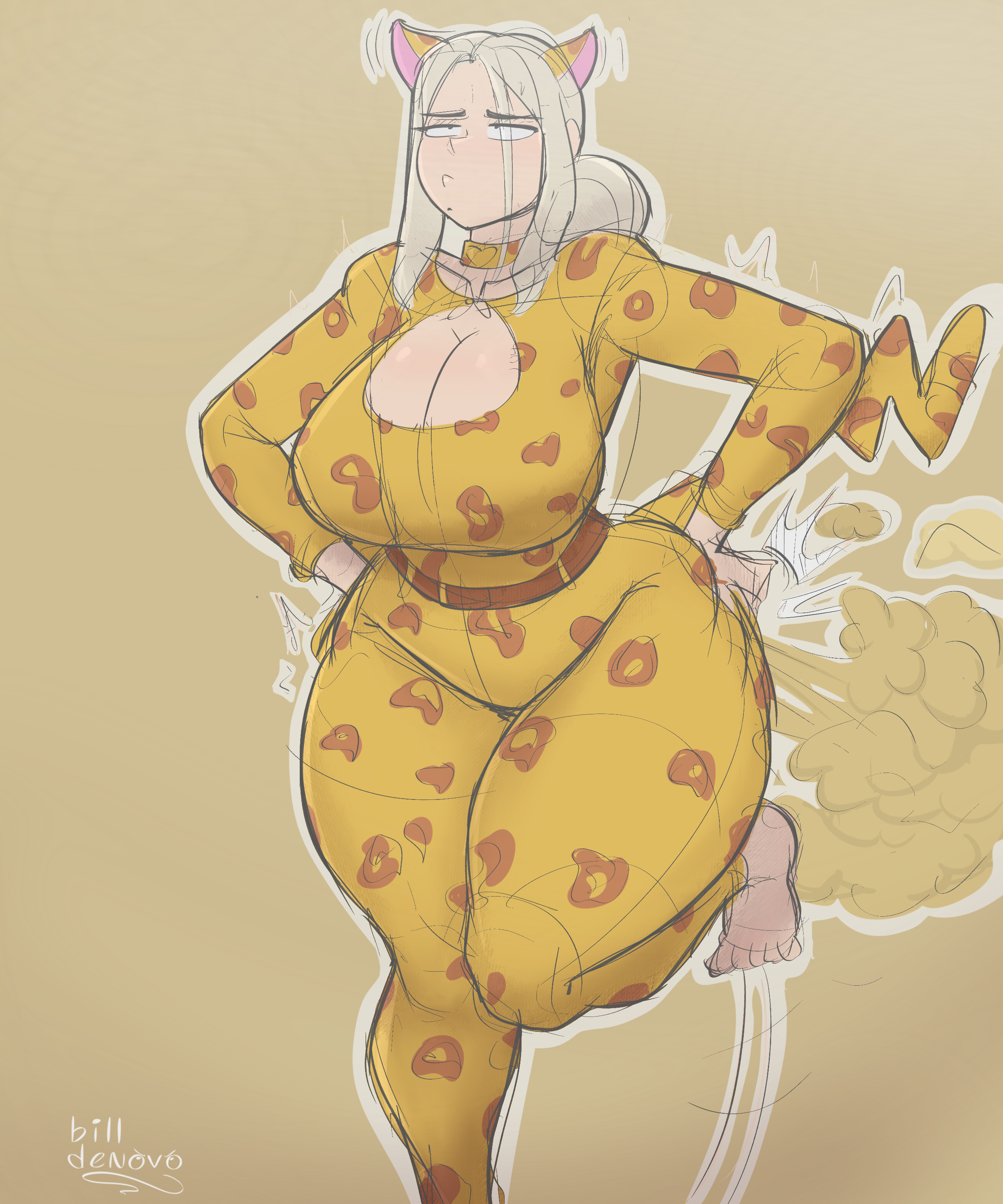 1girls, ass, big ass, big breasts, big butt, billdenovo, black eyes, blonde hair, breasts, cat ears, cat girl, cat tail, catgirl, cleavage, fart, fart cloud, fart fetish, farting, female, hands on hips, leopard print, solo female, standing, thick thighs