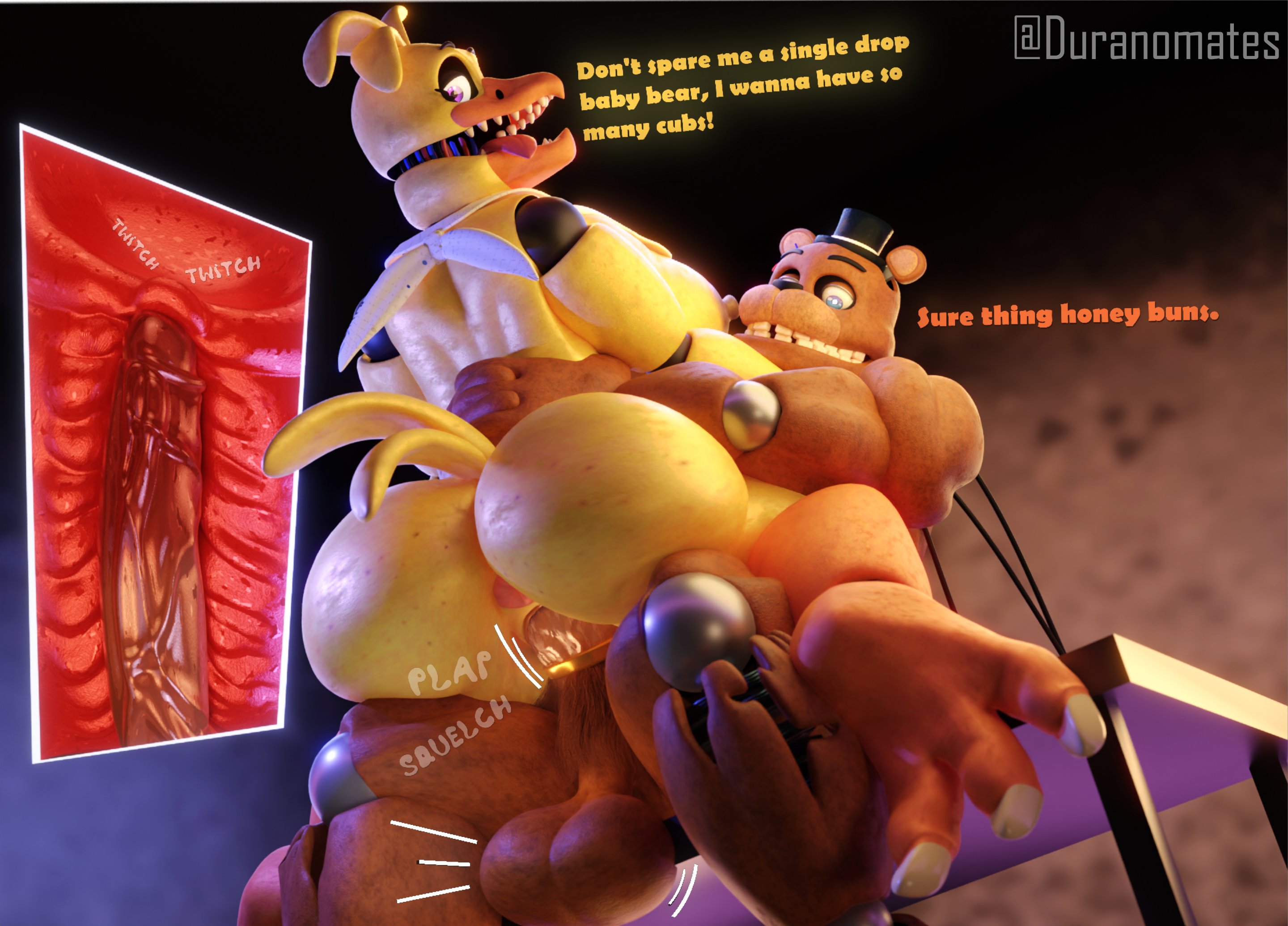 1boy, 1girls, 3d, 3d (artwork), anthro, anthro on anthro, anus, areolae, artist name, ass, balls, big ass, big penis, breasts, chica (fnaf), dialogue, duranomates, female, five nights at freddy's, five nights at freddy's 2, freddy (fnaf), freddyxchica, hat, male, male/female, nipples, open mouth, penetration, penis, pussy, scottgames, sex, text, vaginal penetration, voluptuous, voluptuous female, wholesome, wholesome sex, withered chica, withered chica (spacebaron), withered freddy, withered freddy (spacebaron), x-ray