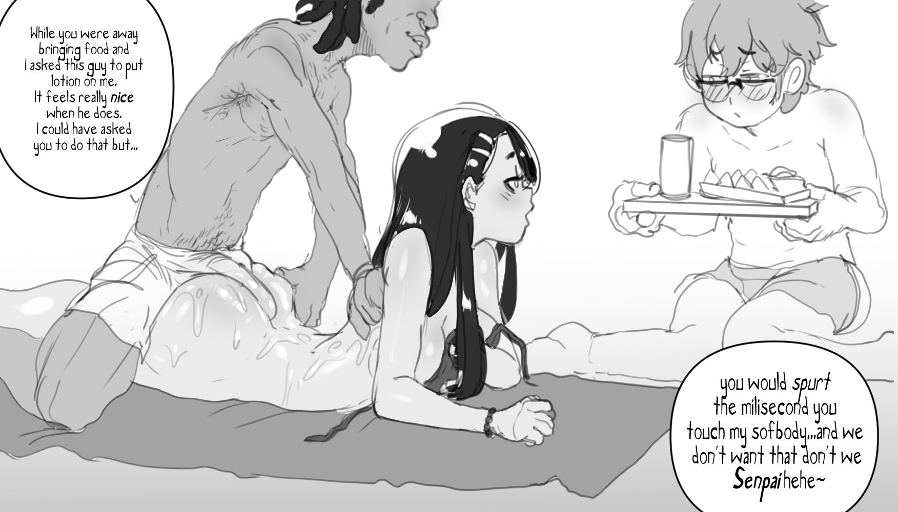 1girls, 2boys, ass, assjob, big ass, big butt, black hair, breasts, buttjob, cheating, cheating female, cheating girlfriend, cuckold, cuckolding, dark skin, dark-skinned male, english text, female, hayase nagatoro, hi res, highres, hot dogging, interracial, laying down, laying on stomach, long hair, male, monochrome, naoto hachioji (senpai), netorare, no nut november, ntr, nude, please don't bully me, nagatoro, raizengax, simple background, sketch, small breasts, tan, tan body, tan skin, tan-skinned female, tanned, tanned female, text, text bubble, uncolored, white background
