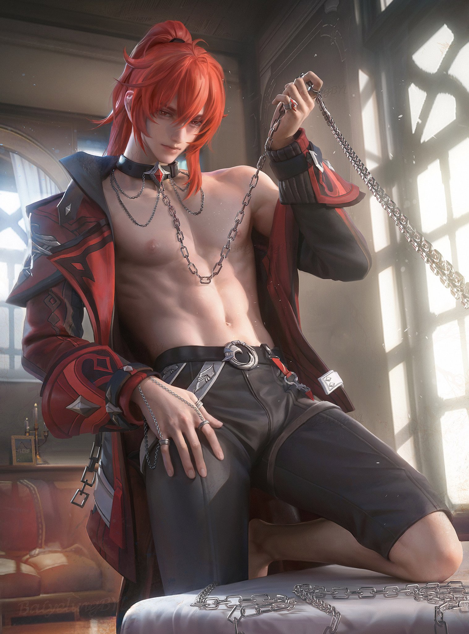 abs, baiyelingbyl, bulge, chain, chained, chains, collar, diluc (genshin impact), diluc (red dead of night) (genshin impact), genshin impact, highres, hoyoverse, male, male only, ponytail, red eyes, red hair, restrained