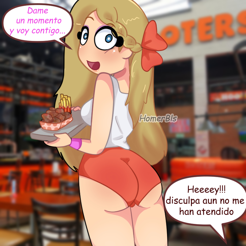 1girls ass back_view blonde_hair blue_eyes bubble_ass bubble_butt chicken_wings dialogue english_dialogue english_text fhs fhsz3r0 fnafhs fnafhs_z3ro fnafhsrule34 french_fries homerbls hooters hooters_uniform joy_(fnafhs) long_hair looking_back tagme text text_box text_bubble