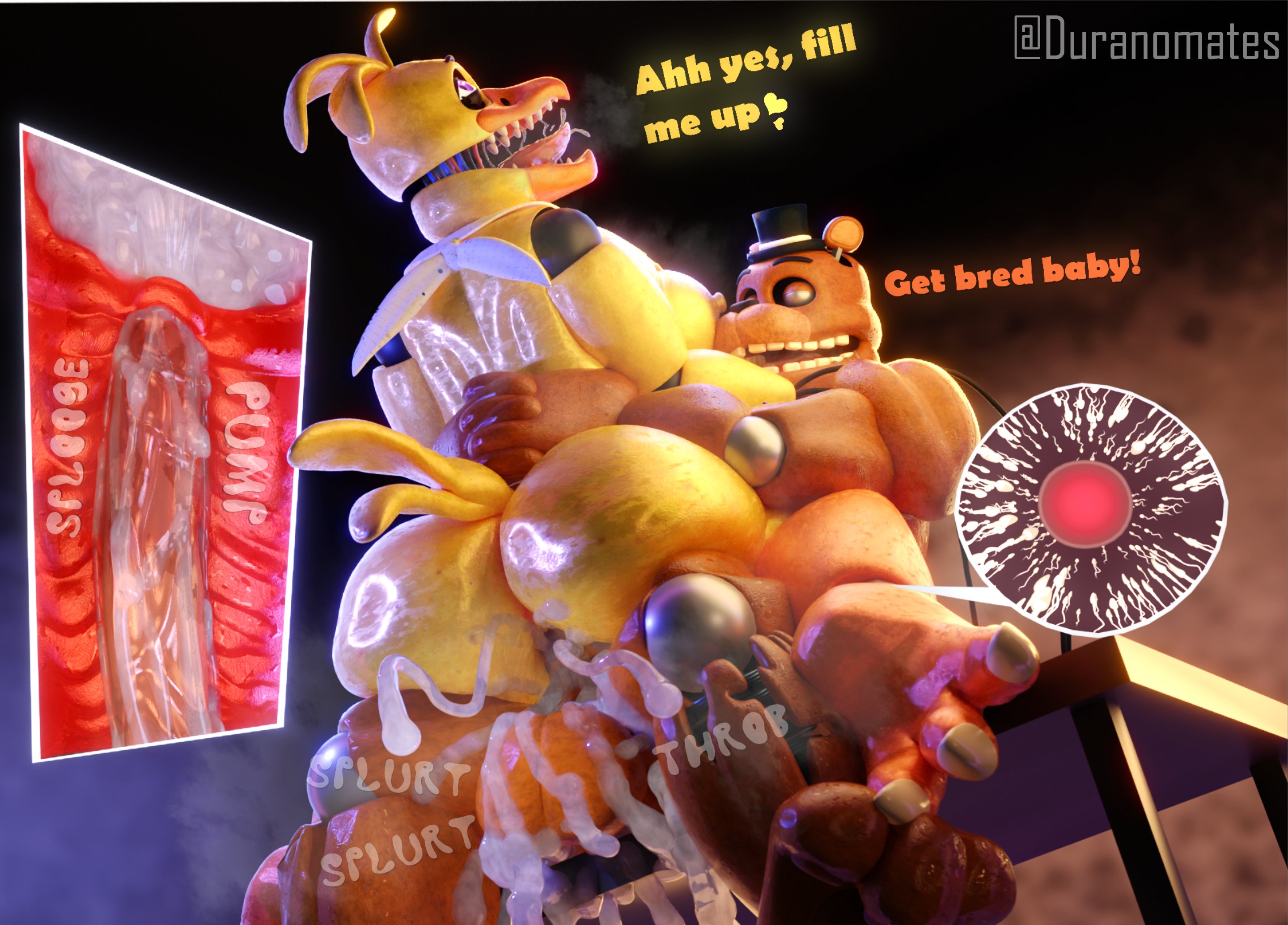 1boy, 1girls, 3d, 3d (artwork), anthro, anthro on anthro, anthro penetrating, areolae, artist name, ass, balls, big ass, big penis, breasts, chica (fnaf), cum, cum inside, dialogue, duranomates, female, five nights at freddy's, five nights at freddy's 2, freddy (fnaf), freddyxchica, hat, impregnation, looking pleasured, male, male/female, nipples, open mouth, penetration, penis, pussy, scottgames, sex, text, vaginal penetration, voluptuous, voluptuous female, withered chica, withered chica (spacebaron), withered freddy, withered freddy (spacebaron), x-ray