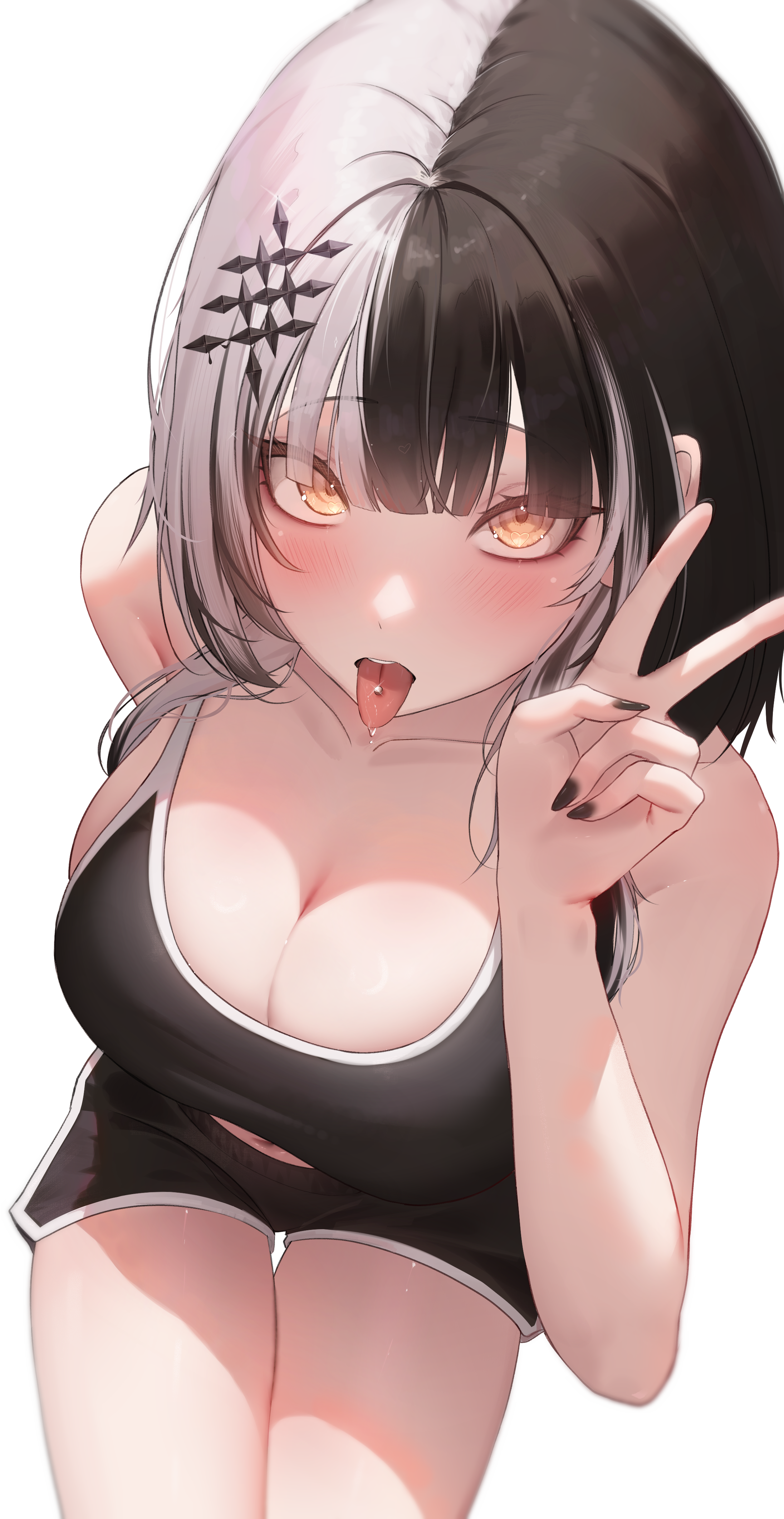1girls, black hair, breasts, cleavage, female, hololive, hololive english, hololive english -advent-, huge breasts, prab, shiori novella, tank top, tongue piercing, two-tone hair, virtual youtuber, white hair