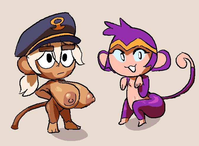 2girls admiral_brickell alternate_breast_size anthro bloons_tower_defense breasts brown_fur crossover female female_only flat_chest large_breasts lewdicrousart monkey monkey_girl monkey_shantae multiple_girls nipples primate purple_fur shantae shantae_(character) zephala