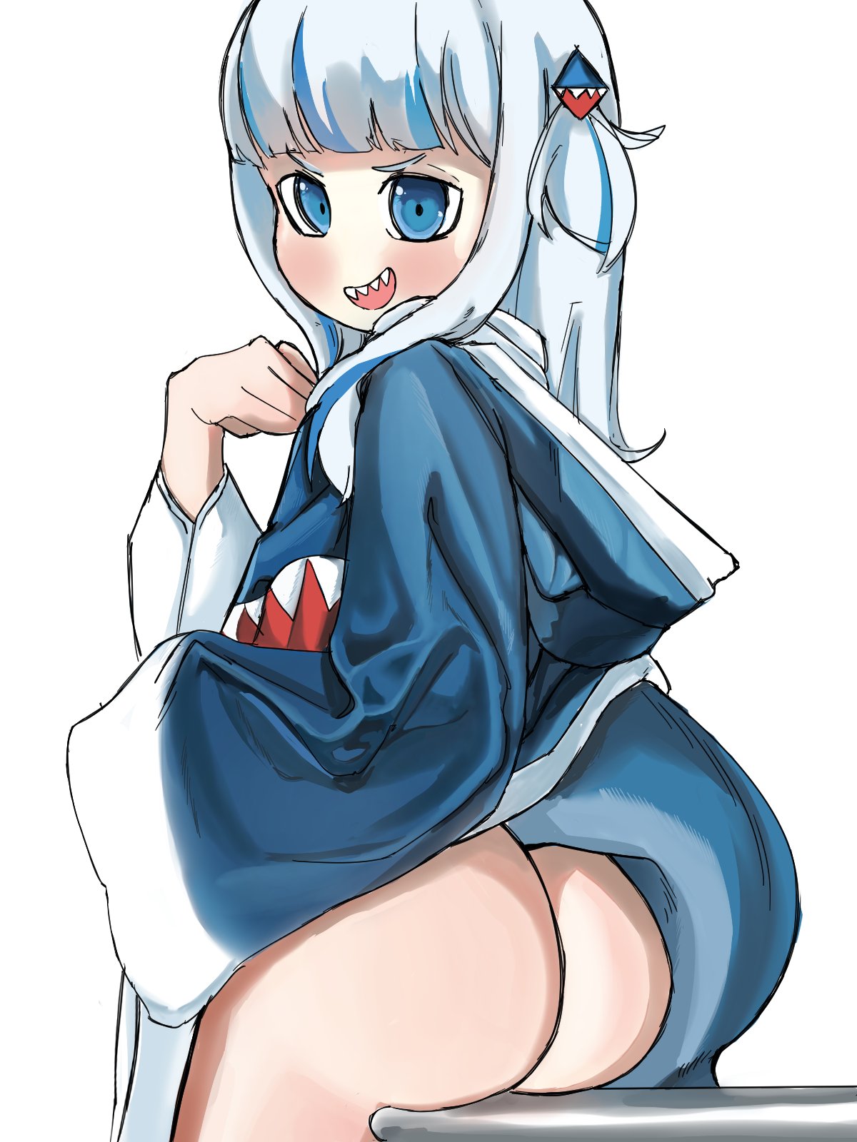 afubokun, ass, ass out, bottomless, female, gawr gura, hololive, hololive english, hololive myth, hoodie lift, hoodie only, looking back, multicolored hair, no panties, shark tail, sharp teeth, smile, solo, virtual youtuber, vtuber